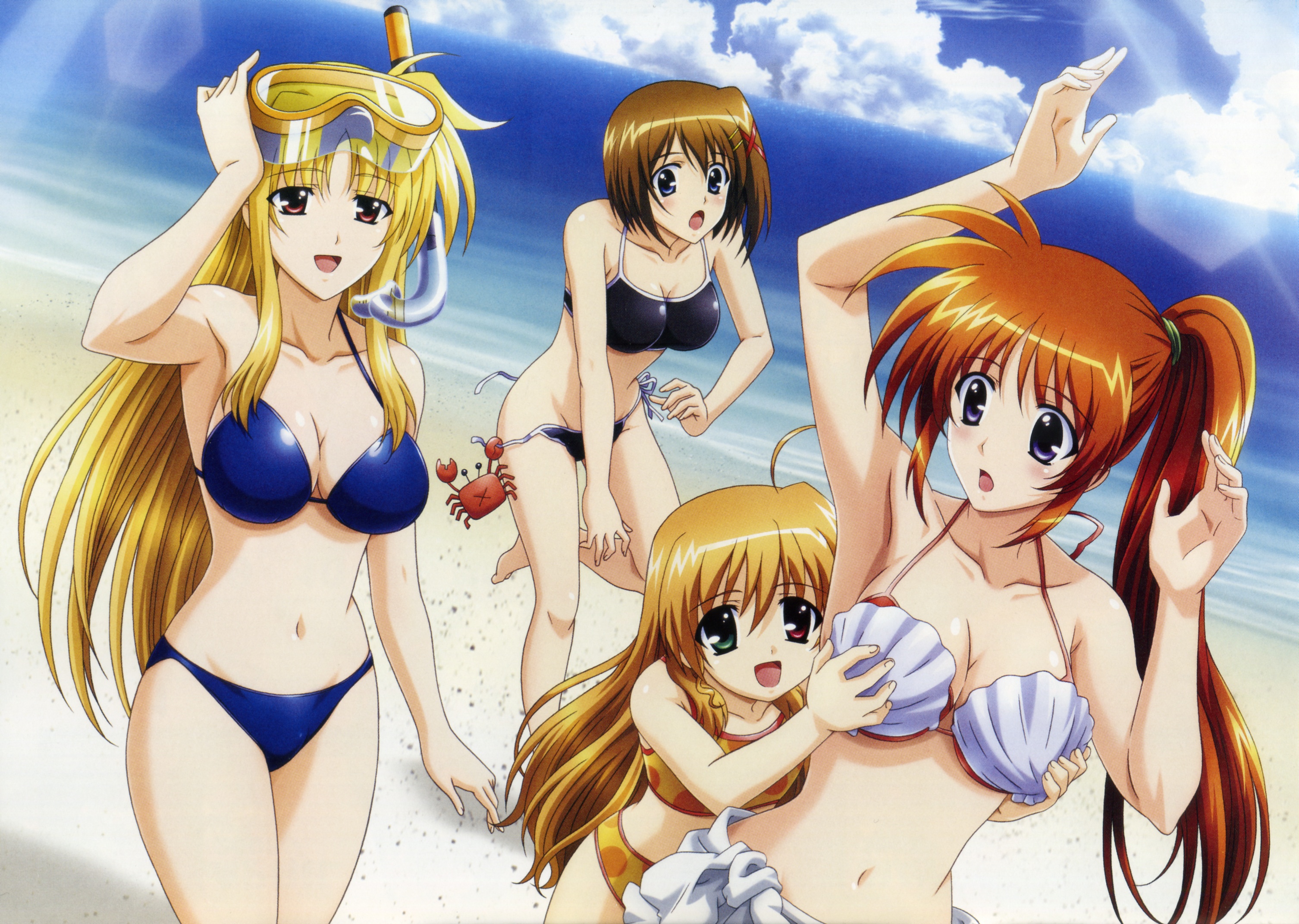 okuda yasuhiro, fate testarossa, takamachi nanoha, vivio, yagami hayate, lyrical nanoha, mahou shoujo lyrical nanoha, mahou shoujo lyrical nanoha strikers, highres, official art, scan, 00s, 4girls, :d, :o, age difference, ahoge, arm up, armpits, arms up, barefoot, beach, bikini, bikini pull, blonde hair, blue bikini, blue eyes, blush, breasts, brown hair, child, cleavage, clothes around waist, clothes pull, cloud, crab, crustacean, day, diving mask, dutch angle, flat chest, goggles, grabbing another's breast, grabbing from behind, green eyes, groin, groping, hair ornament, hairclip, heterochromia, large breasts, leaning forward, leg lift, lens flare, long hair, multiple girls, ocean, open mouth, orange hair, outdoors, parted bangs, polka dot, polka dot bikini, polka dot swimsuit, ponytail, pulling another's clothes, purple eyes, red bikini, red eyes, red hair, scrunchie, shell, shell bikini, shells, shirt, shirt around waist, short hair, side-tie bikini bottom, side ponytail, sidelocks, sky, smile, snorkel, sports bikini, standing, standing on one leg, surprised, surprised arms, sweater, sweater around waist, swimsuit, tankini, untied bikini, very long hair, wardrobe malfunction, x hair ornament, x mouth, yellow bikini