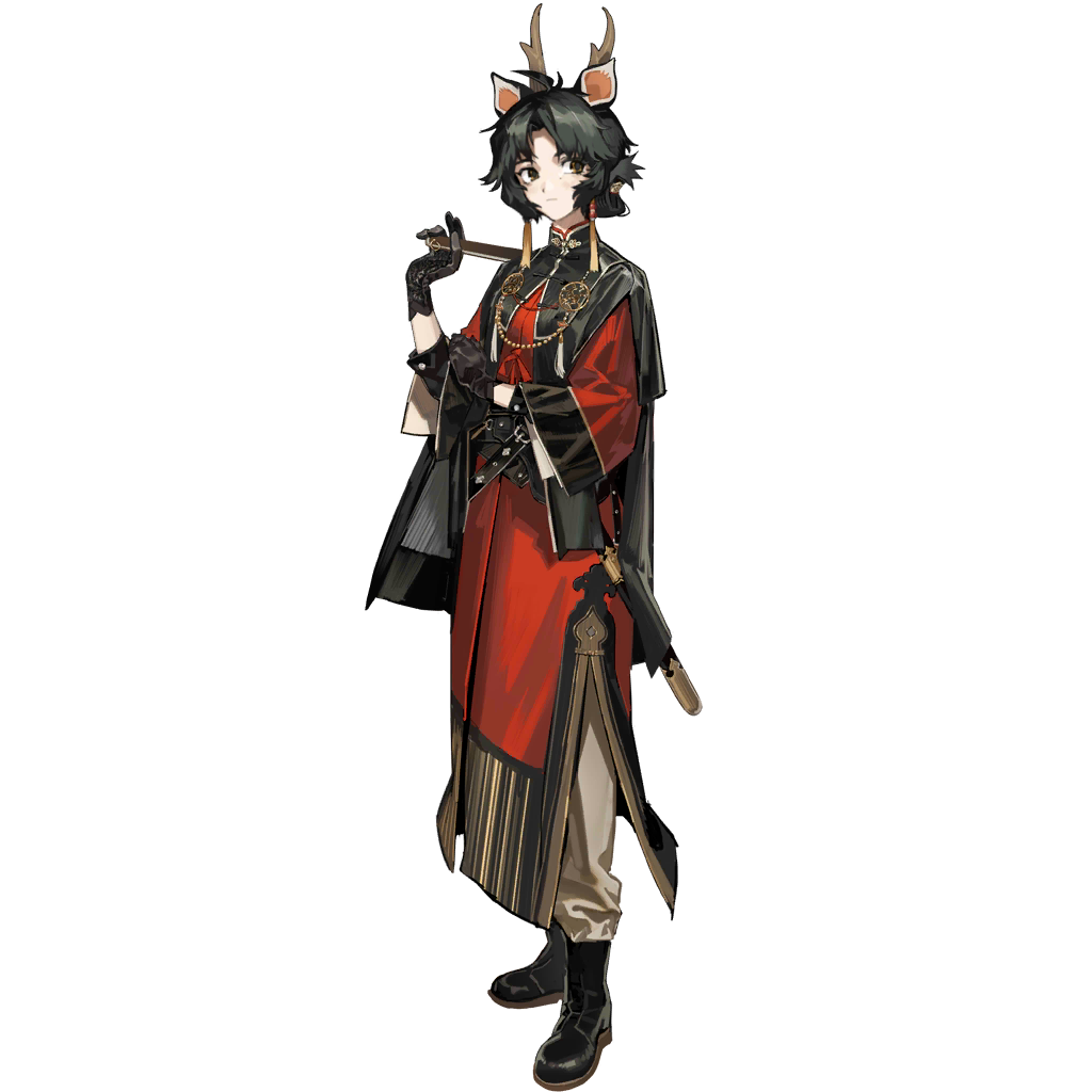 kuroblood, ning ciqiu (arknights), arknights, official art, third-party source, 1girl, animal ears, antenna hair, antlers, black gloves, black hair, brown pants, chinese clothes, closed mouth, deer antlers, deer ears, folded fan, folding fan, full body, gloves, hand fan, holding, holding fan, horns, looking to the side, mole, mole under eye, orange eyes, pants, simple background, solo, standing, tachi-e, transparent background