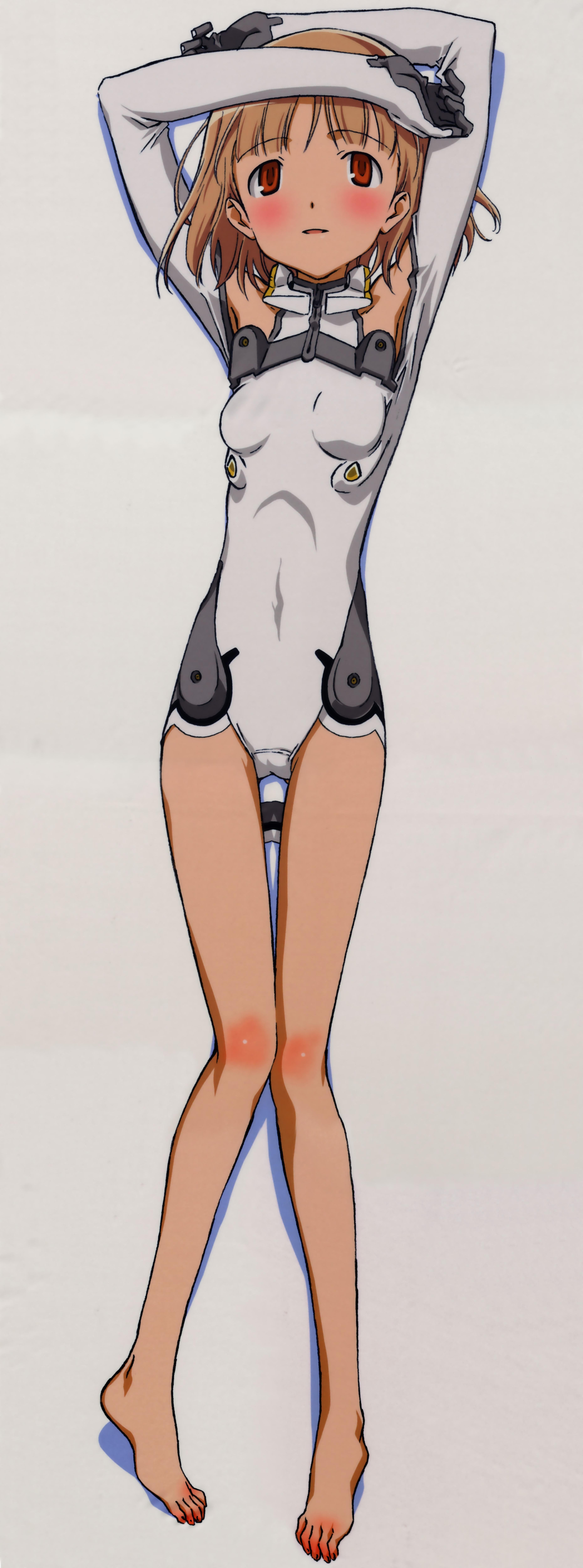 iizuka haruko, sakurano otoha, sky girls, light brown hair, pilot suit, absurdres, highres, incredibly absurdres, long image, official art, scan, tall image, 00s, 1girl, :d, arm behind head, arm on own head, armpits, arms up, bare shoulders, barefoot, blunt bangs, blush, body blush, breasts, covered navel, dakimakura (medium), elbow gloves, feet, female focus, from above, full body, gloves, halterneck, headgear, leotard, long legs, looking at viewer, lying, mecha pilot suit, motion slit, motionslit, on back, open mouth, parted bangs, petite, red eyes, shadow, short hair, simple background, small breasts, smile, solo, thigh gap, turtleneck, white background, white gloves