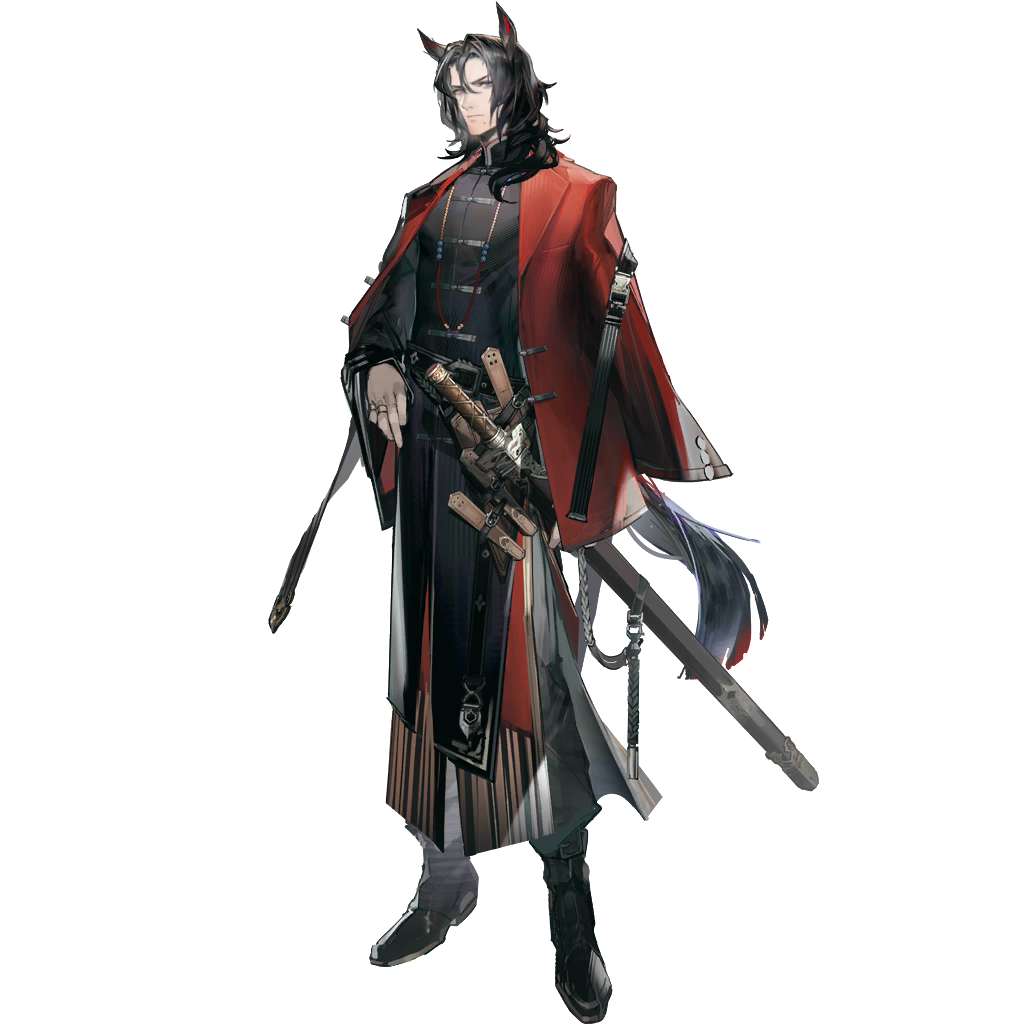 liduke, liang xun (arknights), arknights, official art, third-party source, 1boy, animal ears, black hair, chinese clothes, full body, horse boy, horse ears, horse tail, male focus, scabbard, sheath, sheathed, simple background, solo, standing, sword, tachi-e, tail, transparent background, weapon