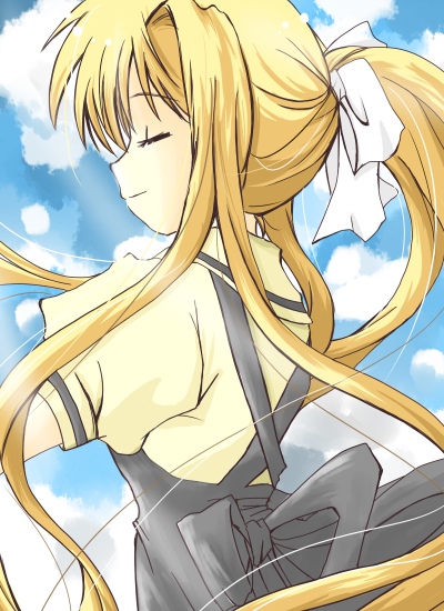 ayase airi, kamio misuzu, air (visual novel), 00s, 1girl, black dress, blonde hair, blush, bow, closed eyes, dress, female focus, hair bow, hair ribbon, long hair, puffy short sleeves, puffy sleeves, ribbon, shirt, short sleeves, smile, solo, twintails, very long hair, white shirt