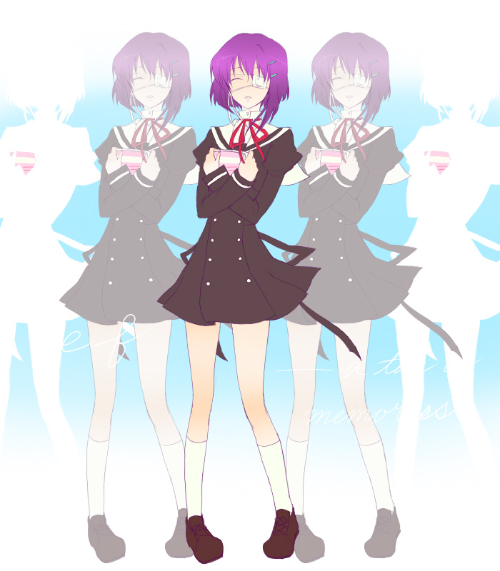 egawa satsuki, shindou chihiro, ef (visual novel), brown footwear, 00s, 1girl, :d, ^ ^, black dress, blue background, blush, buttons, closed eyes, crossed arms, double-breasted, dress, eyepatch, full body, holding, juliet sleeves, kneehighs, legs, long sleeves, medical eyepatch, multiple views, one eye covered, open mouth, parted lips, pigeon-toed, puffy sleeves, purple hair, red ribbon, ribbon, school uniform, serafuku, shoes, short hair, silhouette, simple background, smile, socks, standing, white socks