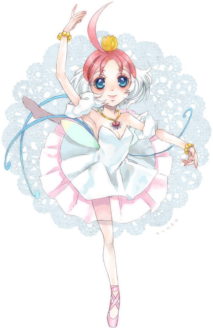 hagihara takeo, ahiru (princess tutu), princess tutu (character), princess tutu, 00s, 1girl, ahoge, ballerina, ballet, ballet slippers, bare shoulders, blue eyes, bracelet, crown, female focus, footwear ribbon, hat, jewelry, multicolored hair, pantyhose, pendant, red hair, short hair, solo, tutu, two-tone hair