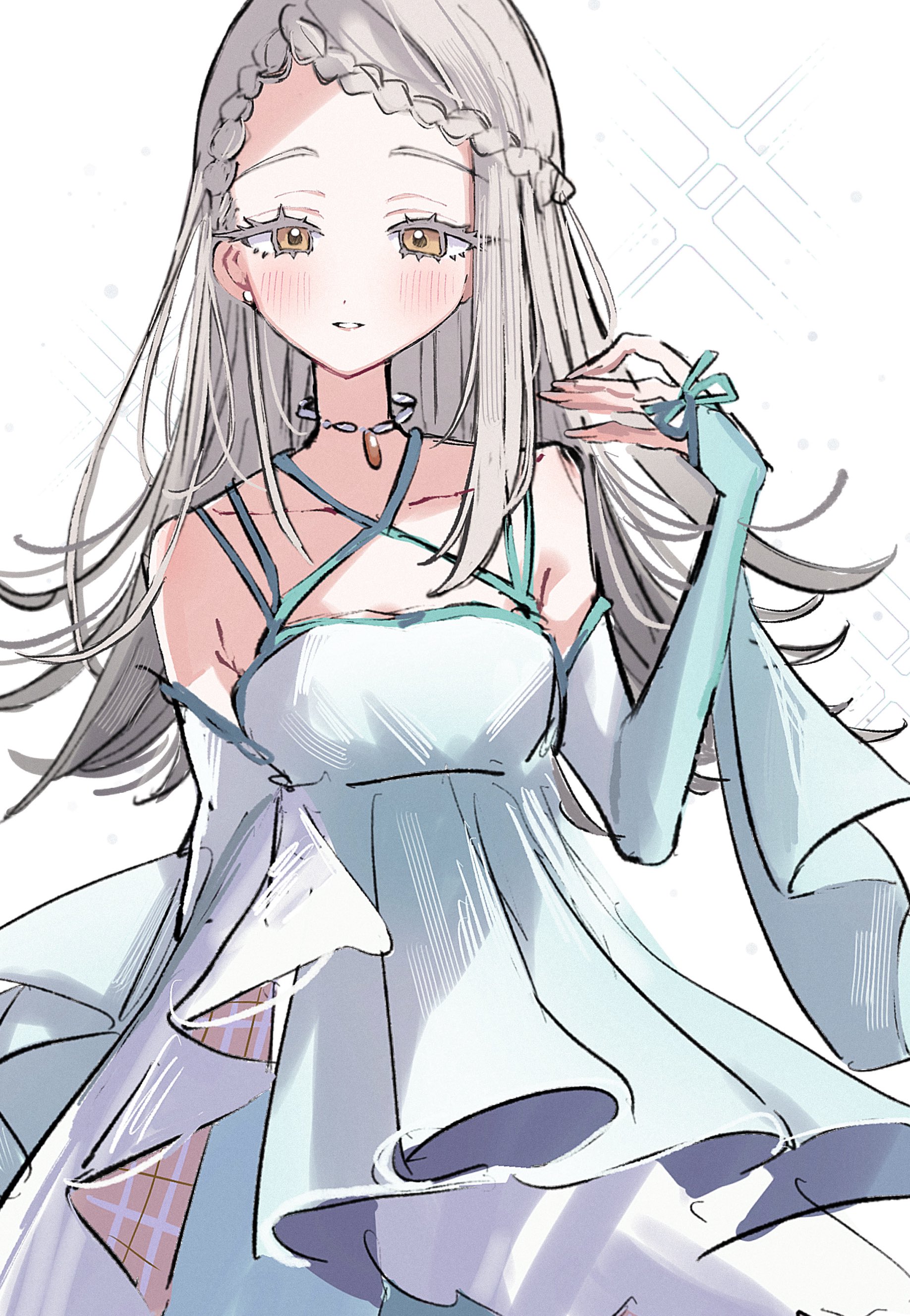 guri (ak1002s), shinosawa hiro, gakuen idolmaster, idolmaster, absurdres, highres, 1girl, aqua dress, bare shoulders, blue dress, blush, braid, braided bangs, choker, collarbone, colored eyelashes, cowboy shot, detached sleeves, dress, grey hair, halter dress, halterneck, hand up, jewelry, long hair, looking at viewer, necklace, parted lips, simple background, smile, solo, sparkle, thick eyelashes, white background, white dress, yellow eyes