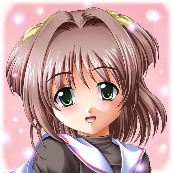 sazanami (artist), kinomoto sakura, cardcaptor sakura, bad id, bad pixiv id, 1990s (style), 1girl, blush, brown hair, child, female focus, green eyes, happy, looking at viewer, profile, retro artstyle, short hair, smile, solo