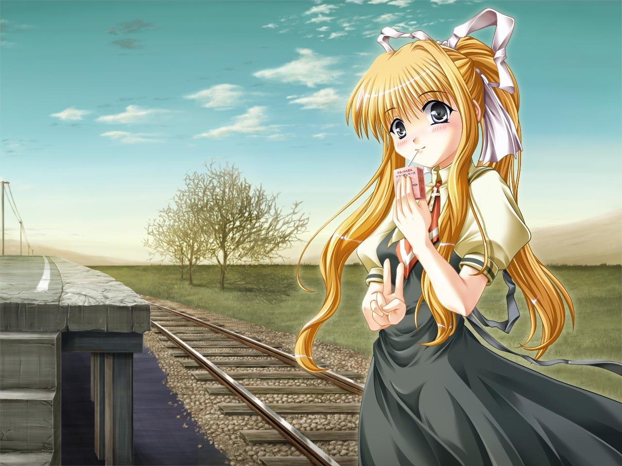 sazanami (artist), kamio misuzu, air (visual novel), bad id, bad pixiv id, 00s, 1girl, black dress, blonde hair, blue eyes, blue sky, blush, day, dress, female focus, hair ribbon, long hair, looking at viewer, outdoors, puffy short sleeves, puffy sleeves, railroad tracks, ribbon, short sleeves, sidelocks, sky, solo