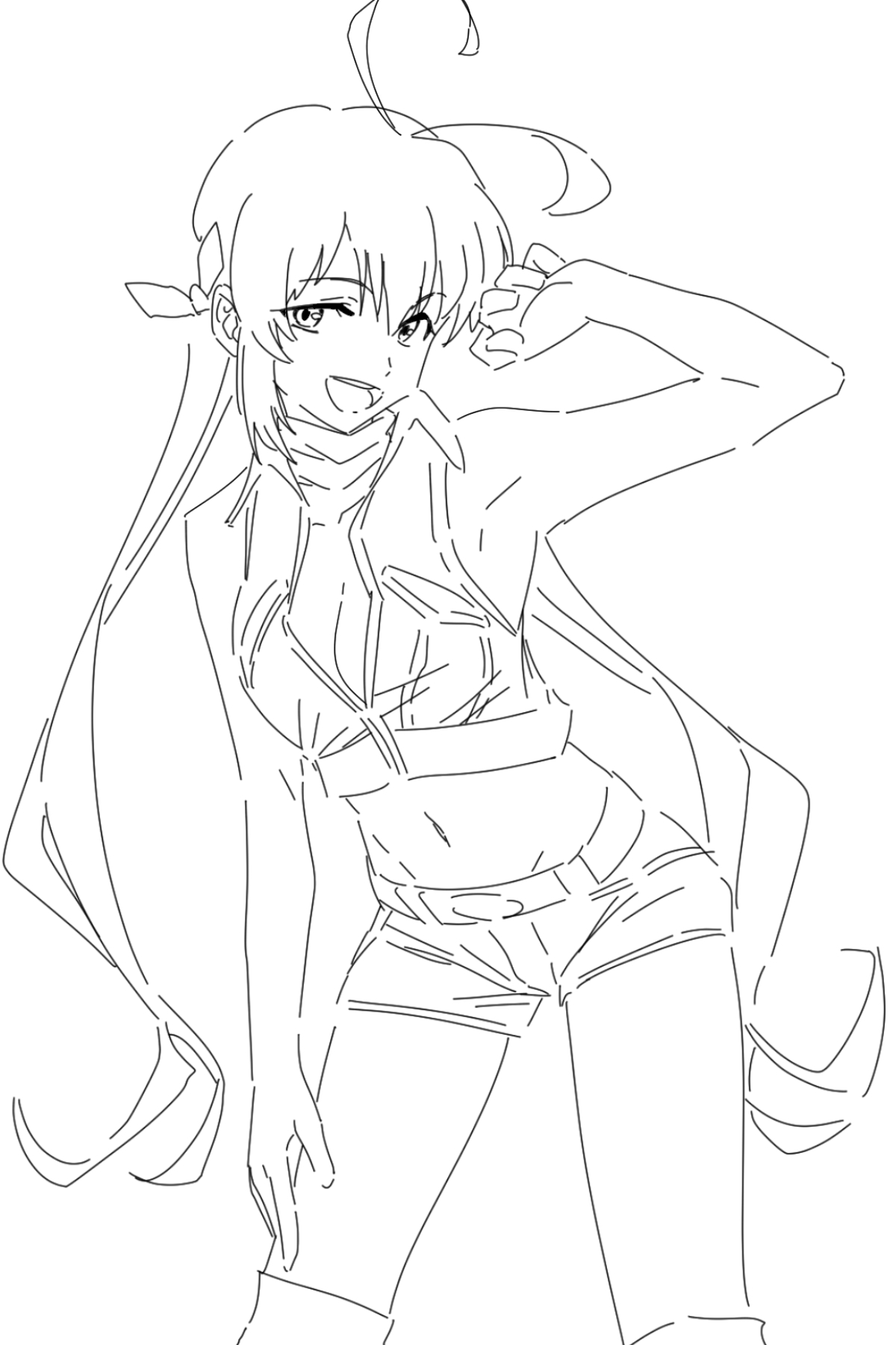 baasaku (balasaku24), monica adenauer, yakitate!! japan, highres, 1girl, antenna hair, armpits, belt, breasts, cleavage, collarbone, lineart, long hair, looking at viewer, monochrome, navel, open mouth, short shorts, shorts, simple background, smile, solo, twintails, white background
