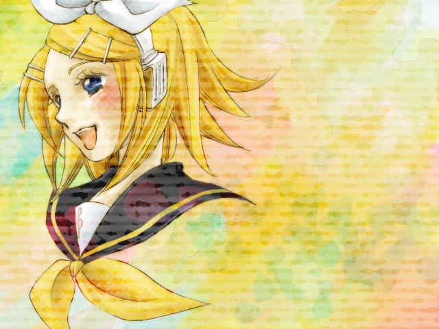 fumi (artist), kagamine rin, vocaloid, looking away, 1girl, :d, blonde hair, blue eyes, blush, bow, female focus, hair bow, hair ornament, hairclip, headphones, open mouth, portrait, ribbon, sailor collar, short hair, smile, solo, swept bangs, white bow, yellow ribbon
