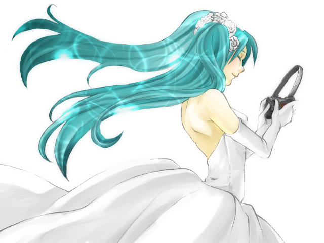 fumi (artist), hatsune miku, vocaloid, dress, elbow gloves, gloves, headphones, solo, twintails