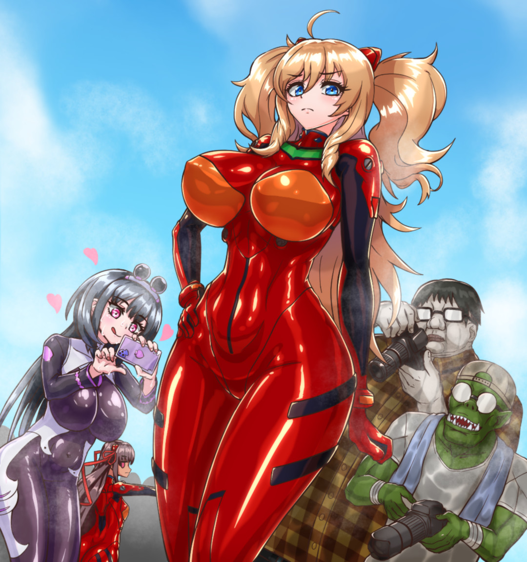 sachisuki gyoko, mizuki yukikaze, onisaki kirara, souryuu asuka langley, action taimanin, taimanin (series), taimanin rpgx, taimanin yukikaze, 2boys, 3girls, blonde hair, blue eyes, blush, bodysuit, breasts, brown hair, camera, cellphone, cosplay, covered erect nipples, covered navel, dark-skinned female, dark skin, fat, fat man, full body, glasses, hairpods, holding, holding camera, huge breasts, impossible bodysuit, impossible clothes, interface headset (evangelion), large breasts, long hair, looking at viewer, mecha pilot suit, multicolored bodysuit, multiple boys, multiple girls, orc, phone, plugsuit (evangelion), red bodysuit, skin tight, small breasts, smartphone, smile, souryuu asuka langley (cosplay), twintails, ugly bastard, very long hair