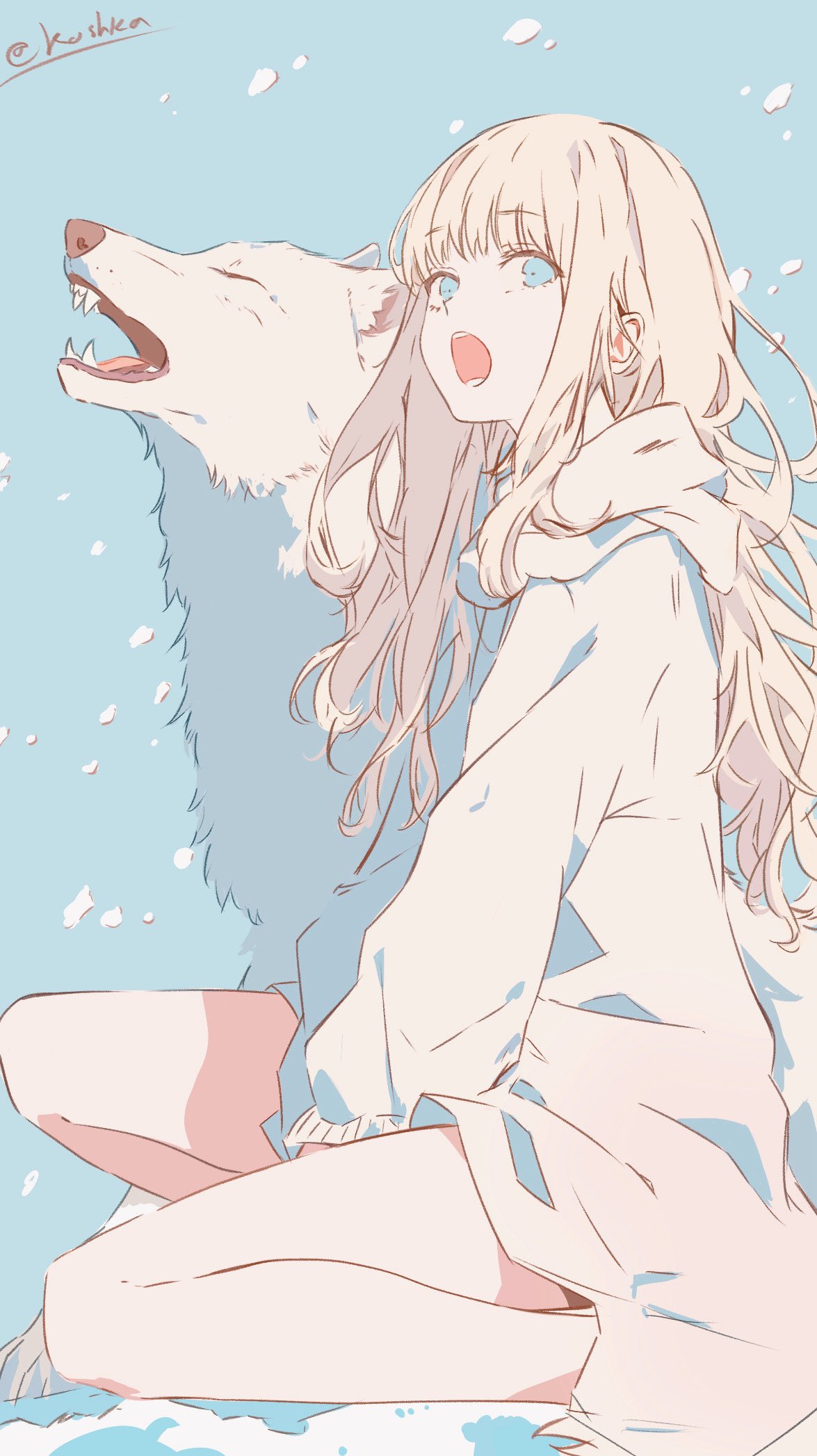 koshka pic, original, highres, 1girl, animal, bare legs, between legs, blonde hair, blue background, blue eyes, fangs, from side, hand between legs, hood, hood down, hoodie, long hair, long sleeves, looking at viewer, open mouth, signature, sitting, snow, solo, teeth, twitter username, white hoodie, wolf