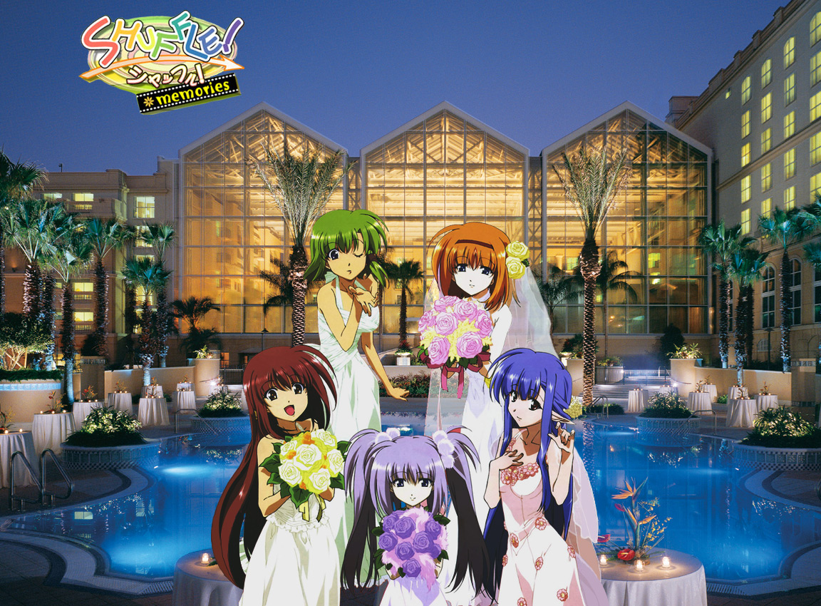 okada maiko, fuyou kaede, lisianthus, nerine, primula, shigure asa, megami magazine, shuffle!, shuffle! memories, silver hair, non-web source, official art, official wallpaper, scan, third-party edit, 00s, 5girls, blowing kiss, blue eyes, blue hair, bouquet, bridal veil, bride, brown eyes, brown hair, candle, dress, flower, green hair, hair flower, hair ornament, hair ribbon, hairband, long hair, multiple girls, night, night sky, one eye closed, orange hair, outdoors, palm tree, photo background, pointy ears, pool, poolside, purple eyes, purple hair, red eyes, red hair, reflection, ribbon, rose, short hair, sky, smile, table, take your pick, tree, twintails, veil, very long hair, water, wedding, wedding dress, wink