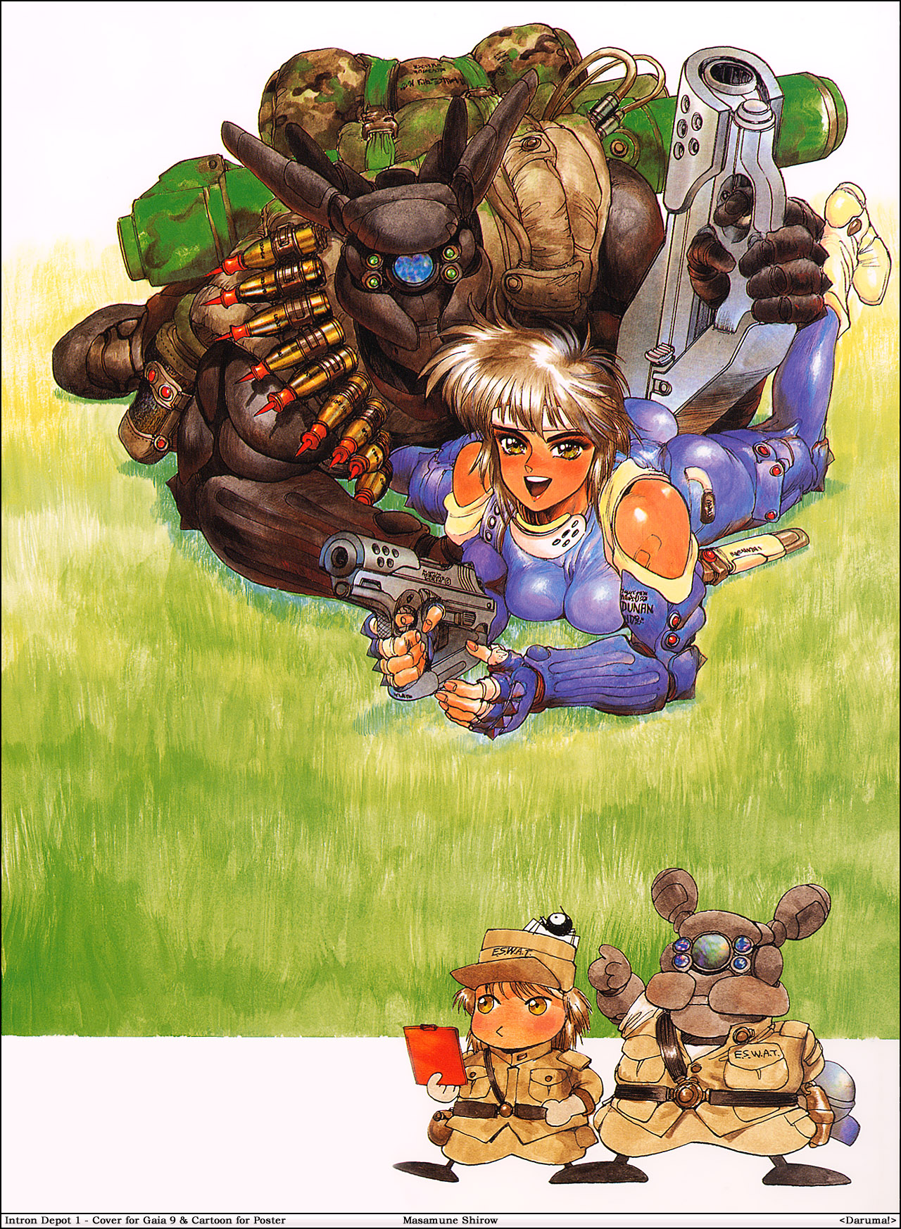 shirou masamune, briareos hecatonchires, deunan knute, appleseed, intron depot, 1980s (style), highres, 1girl, ammunition, ammunition belt, anti-materiel rifle, armor-piercing ammunition, armor-piercing discarding sabot, ass, bare shoulders, blue bodysuit, bodysuit, boots, breasts, brown eyes, brown hair, bullpup, cannon cartridge, chibi, fingerless gloves, flechette, gloves, grass, gun, handgun, happy, impossible bodysuit, impossible clothes, large breasts, lying, military, military uniform, needlegun, oldschool, on stomach, pistol, retro artstyle, rifle, seburo c-x, seburo compact-exploder, short hair, skin tight, sniper rifle, sub-caliber ammunition, submachine gun, tan, weapon