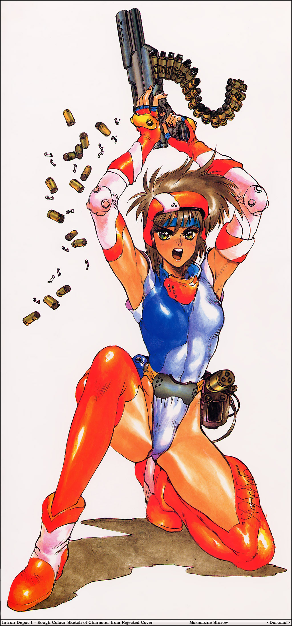 shirou masamune, intron depot, 1980s (style), highres, tagme, 1girl, armpits, brown hair, female focus, fingernails, green eyes, gun, handgun, headband, highleg, highleg leotard, kneeling, leotard, naill polish, oldschool, open mouth, pistol, retro artstyle, short hair, solo, thighhighs, weapon