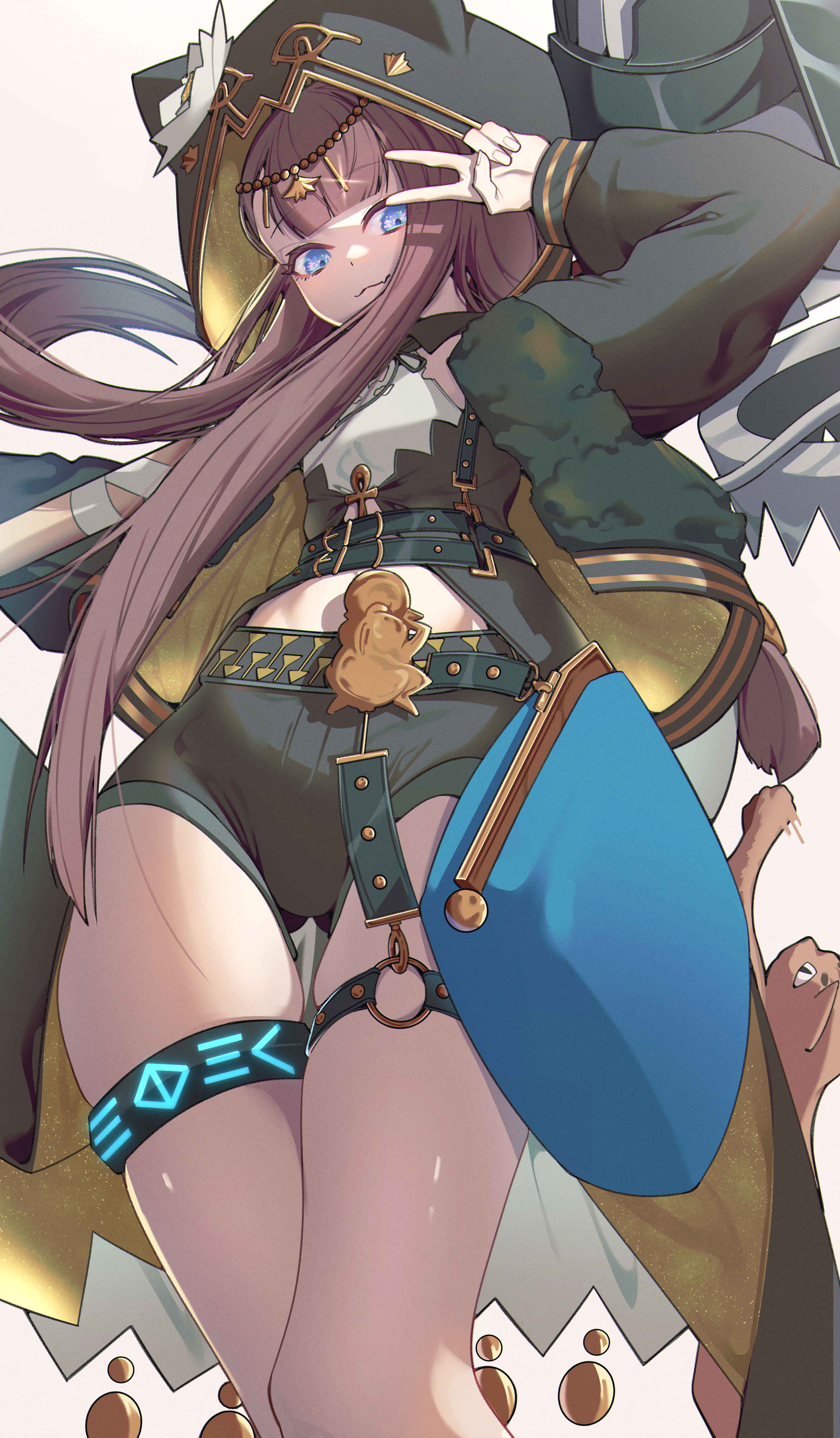 kimo suna, infection monitor (arknights), pepe (arknights), arknights, absurdres, commentary, highres, 1girl, ankh, black jacket, black shorts, blue eyes, brown hair, cat, cowboy shot, fang, fang out, fingernails, flower, from below, hammer, holding, holding hammer, holding weapon, hood, hood up, hooded jacket, jacket, jewelry, long hair, long sleeves, looking at viewer, lotus, midriff, shorts, simple background, skin fang, smile, solo, thighlet, thighs, v, v over eye, weapon