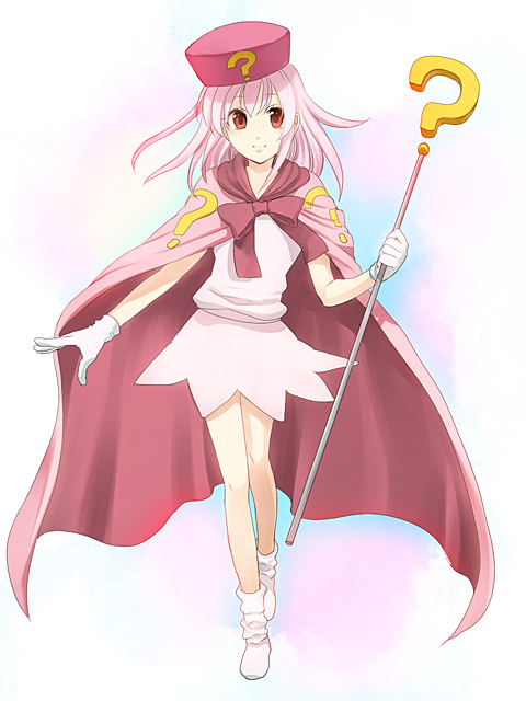 umishima senbon, hatena yousei, benesse, bad id, bad pixiv id, 1girl, ?, cape, female focus, gloves, hat, pink hair, pink hat, red eyes, solo, staff