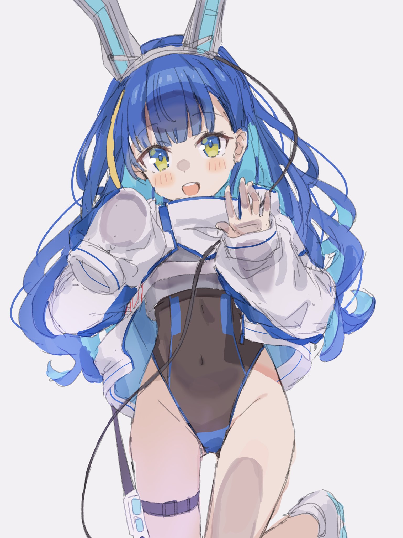 original, highres, 1girl, animal ears, blue eyes, blue hair, blush, covered navel, fake animal ears, groin, highleg, highleg leotard, jacket, leotard, leotard under clothes, long hair, long sleeves, looking at viewer, mechanical ears, multicolored eyes, multicolored hair, nametake365, open mouth, rabbit ears, simple background, sketch, sleeves past wrists, smile, solo, thigh strap, virtual youtuber, white jacket, yellow eyes