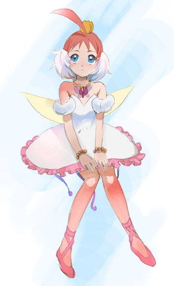 umishima senbon, ahiru (princess tutu), princess tutu (character), princess tutu, bad id, bad pixiv id, 00s, 1girl, ballerina, ballet slippers, blue eyes, bracelet, crown, female focus, jewelry, looking up, multicolored hair, necklace, red hair, sitting, solo, tutu, two-tone hair