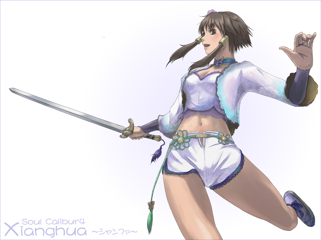 tea (nakenashi), chai xianghua, soul calibur, soulcalibur, soulcalibur iv, 1girl, brown eyes, brown hair, female focus, midriff, short hair, short hair with long locks, short shorts, shorts, smile, solo, sword, weapon