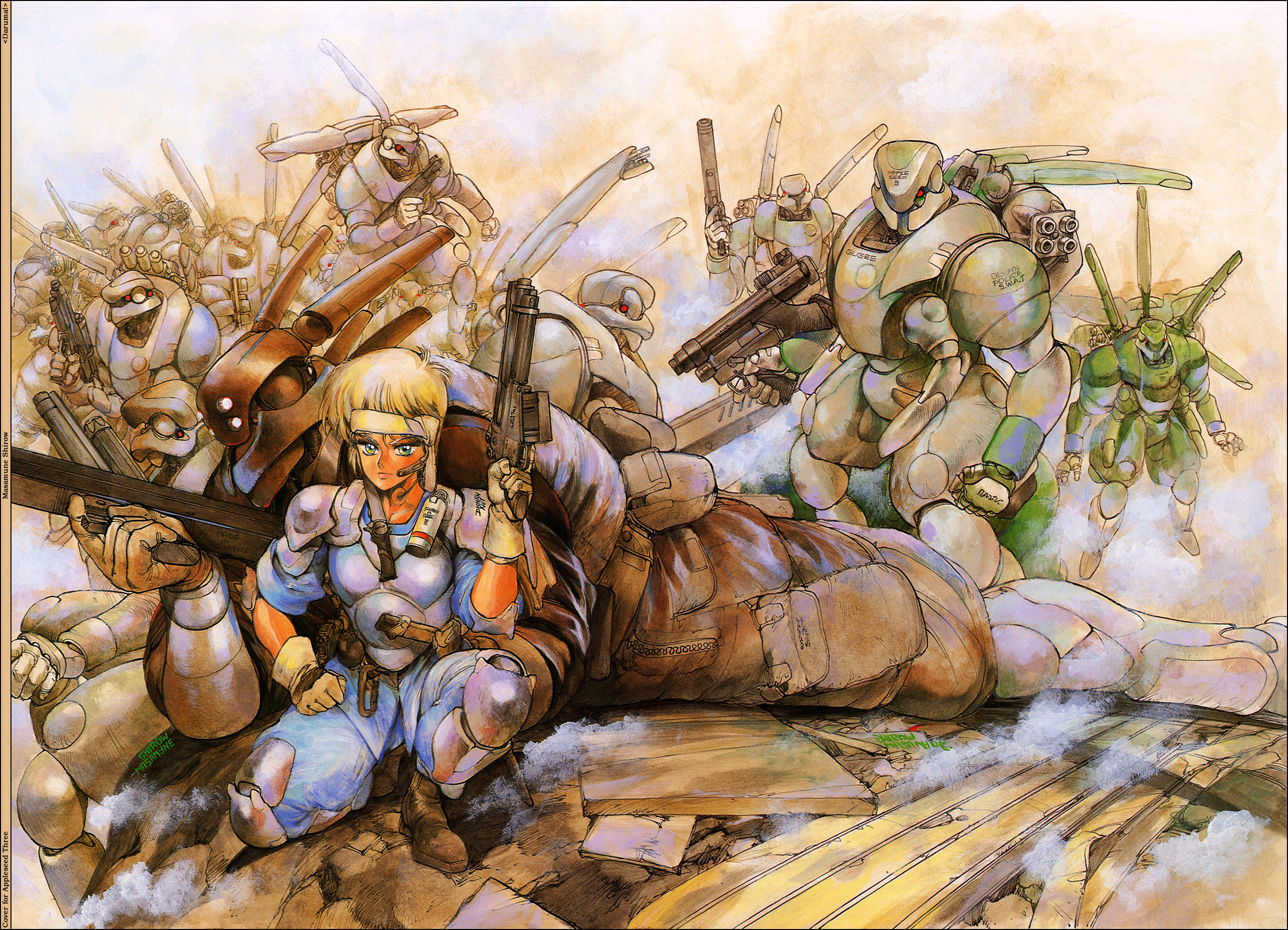 shirou masamune, briareos hecatonchires, deunan knute, appleseed, intron depot, brown footwear, 1980s (style), highres, 1girl, aiming, ankle boots, arm guards, armor, armored boots, bag, belt, belt pouch, black border, blonde hair, boots, border, clenched hand, closed mouth, full armor, full moon, gloves, green eyes, grey gloves, gun, headband, headset, helmet, holding, holding gun, holding weapon, knee boots, landmate, looking at viewer, lying, moon, on one knee, on stomach, pouch, retro artstyle, shin guards, short hair, short sleeves, shoulder pads, smile, smoke, standing, trigger discipline, weapon
