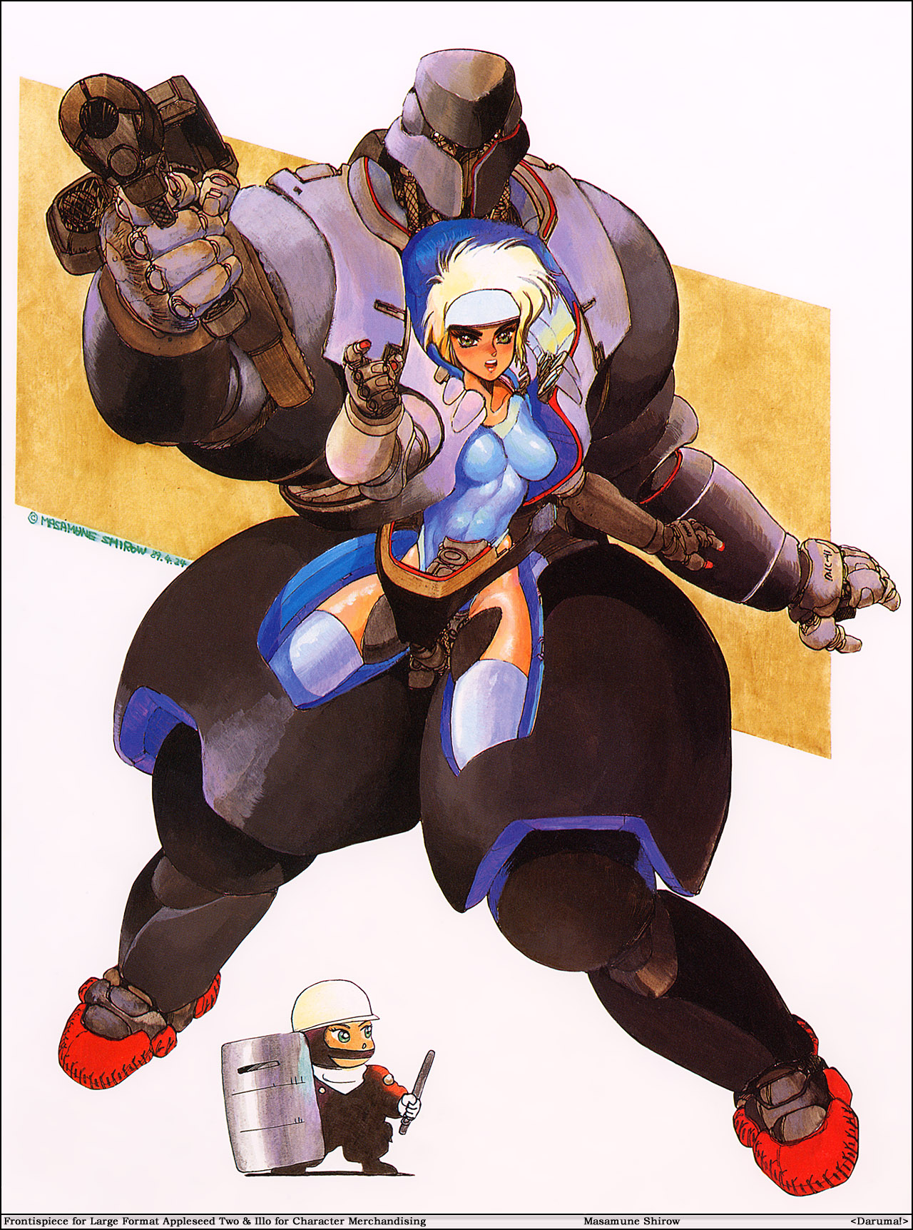 shirou masamune, deunan knute, appleseed, intron depot, 1980s (style), highres, 1girl, blonde hair, chibi, cross-section, female focus, green eyes, headband, highleg, highleg leotard, landmate, leotard, mecha, oldschool, open mouth, retro artstyle, robot, short hair, solo, thighhighs
