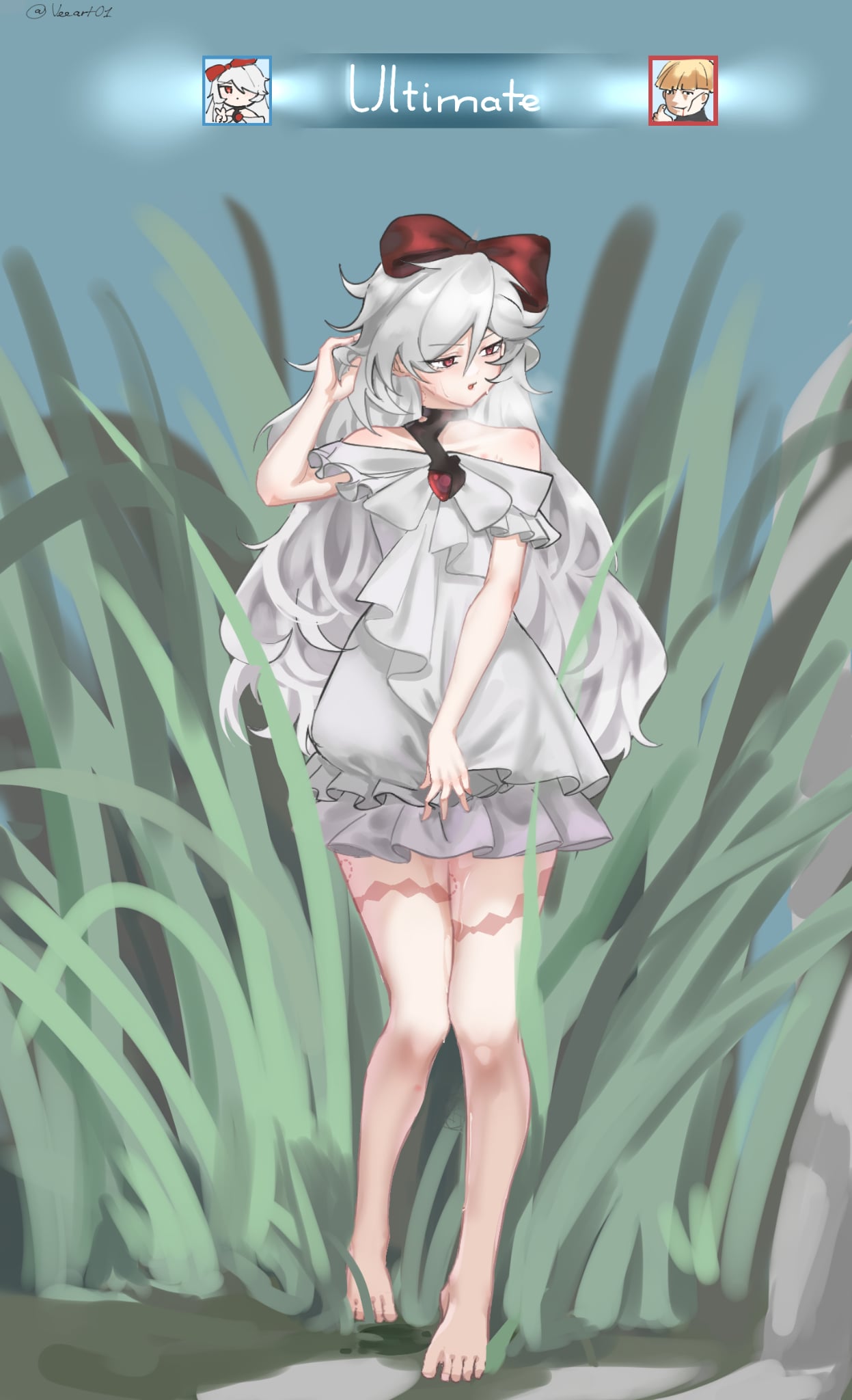 sinestrea (arena of valor), arena of valor, highres, self-upload, 1girl, blush, breasts, dress, long hair, open mouth, simple background, solo, thighs, veeart01