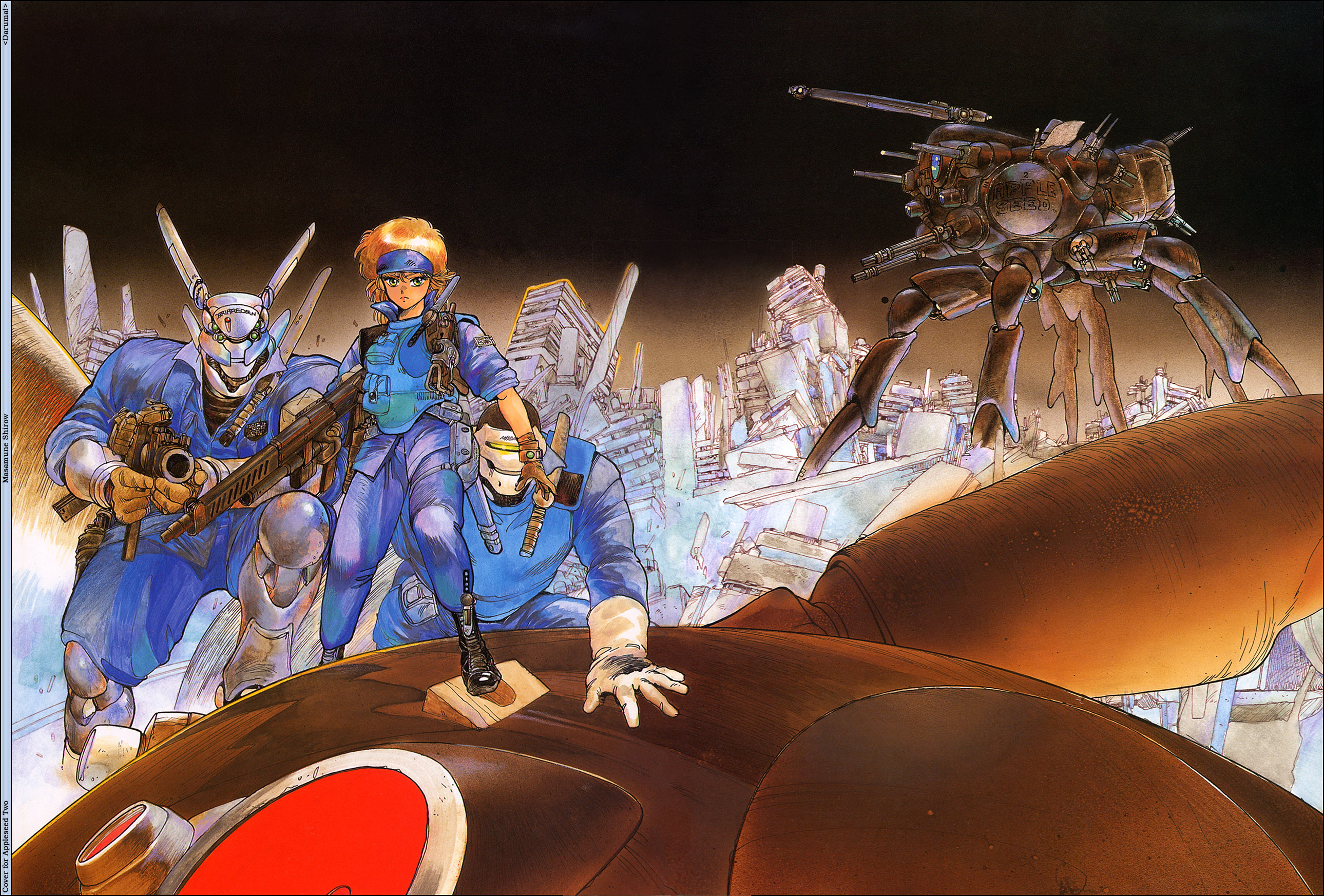 shirou masamune, briareos hecatonchires, deunan knute, appleseed, intron depot, black footwear, 1980s (style), highres, 1girl, aiming, aiming at viewer, armor, armored boots, blonde hair, blue pants, boots, brown gloves, building, bulletproof vest, closed mouth, full body, gatling gun, gloves, gradient background, green eyes, gun, helmet, holding, holding gun, holding weapon, knee boots, long sleeves, looking at viewer, mobile fortress (appleseed), oldschool, pants, pocket, retro artstyle, rifle, ruins, serious, short hair, short sleeves, standing, thigh strap, visor cap, weapon, white gloves