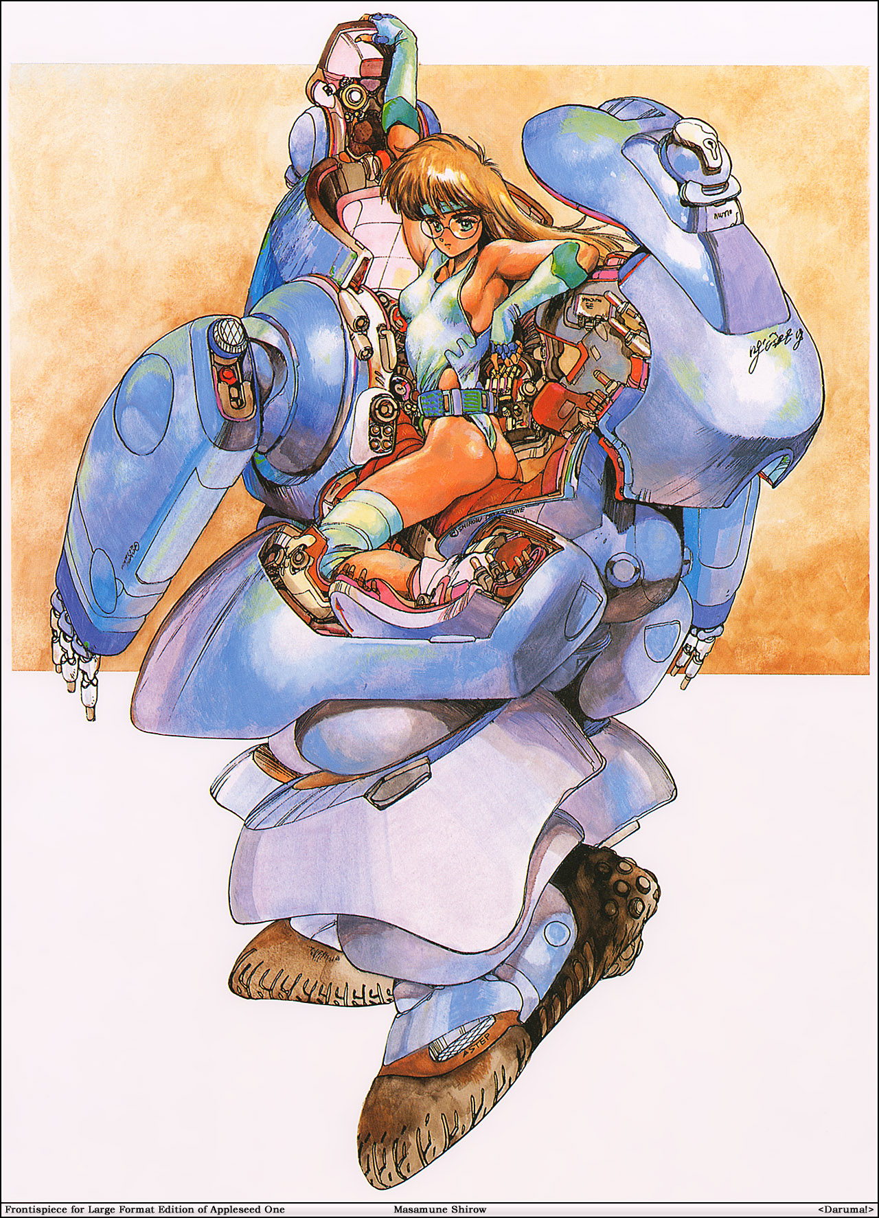 shirou masamune, appleseed, intron depot, 1980s (style), highres, 1girl, armpits, ass, belt, breasts, brown hair, elbow gloves, female focus, fingerless gloves, glasses, gloves, green eyes, headband, highleg, highleg leotard, landmate, leotard, long hair, looking back, mecha, oldschool, retro artstyle, robot, sideboob, small breasts, solo, tan, thighhighs