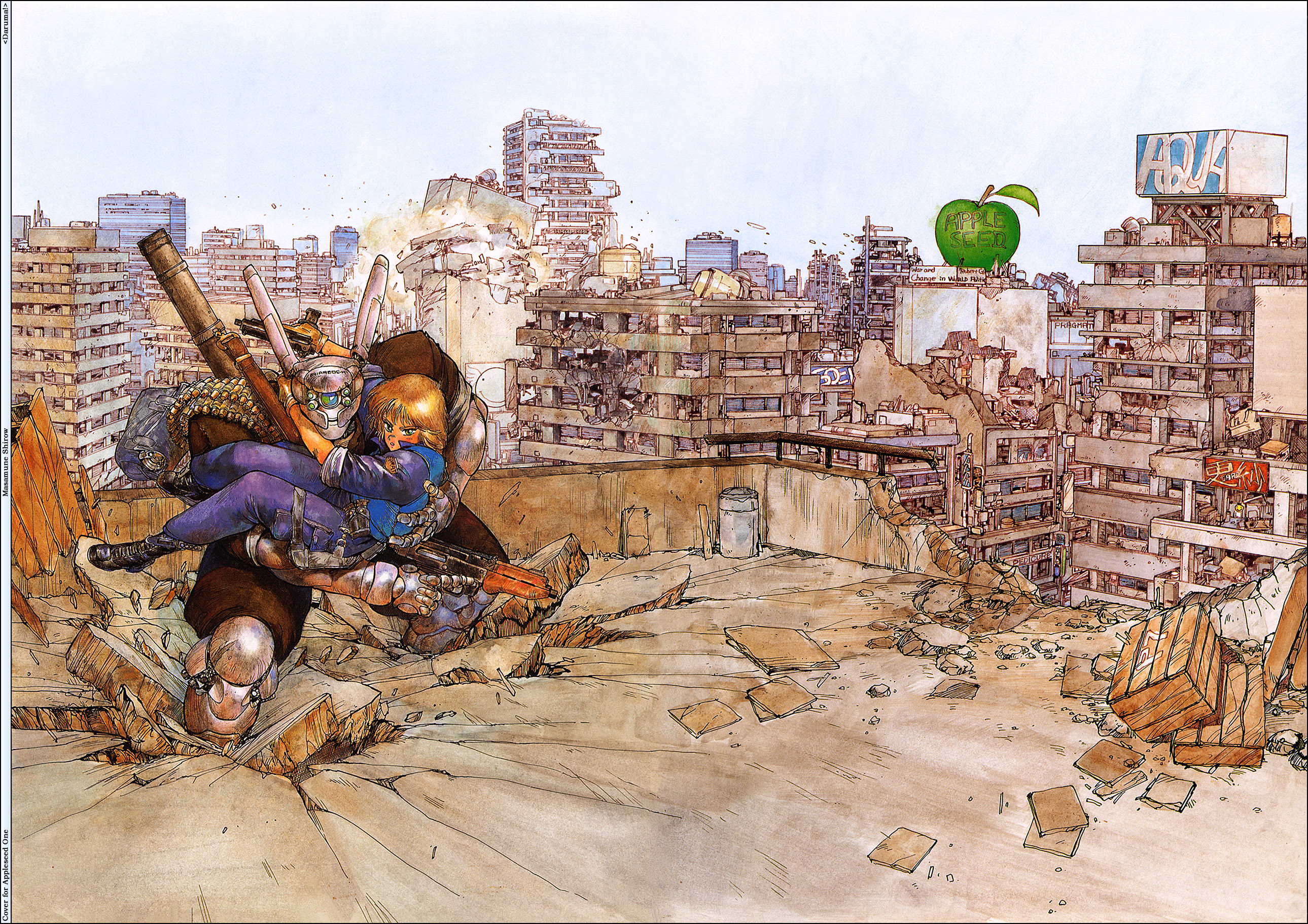 shirou masamune, briareos hecatonchires, deunan knute, appleseed, intron depot, 1980s (style), highres, copyright name, oldschool, retro artstyle