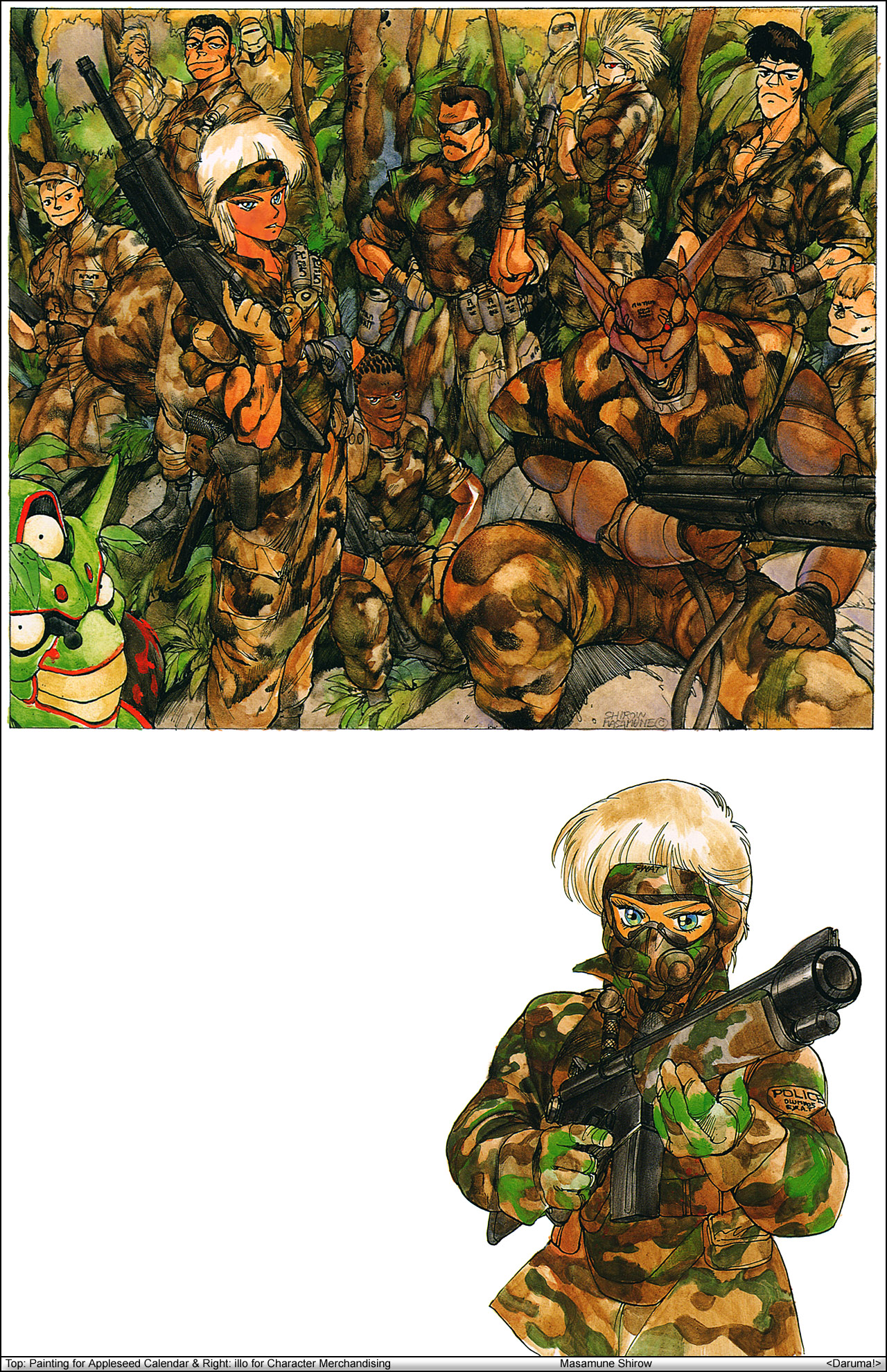 shirou masamune, briareos hecatonchires, deunan knute, appleseed, intron depot, 1980s (style), highres, 1girl, 6+boys, everyone, multiple boys, retro artstyle