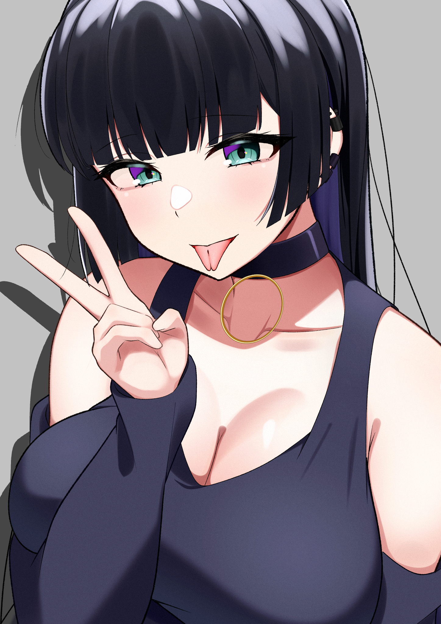 bigthirteen0301, pa-san, bocchi the rock!, highres, 1girl, aqua eyes, arm under breasts, black choker, black dress, black hair, blunt bangs, breasts, choker, colored inner hair, detached sleeves, dress, face piercing, forked tongue, grey background, hime cut, jewelry, large breasts, lip piercing, long hair, long sleeves, multicolored hair, open mouth, piercing, purple hair, simple background, solo, tongue, two-tone hair, upper body, v, very long hair, wide sleeves