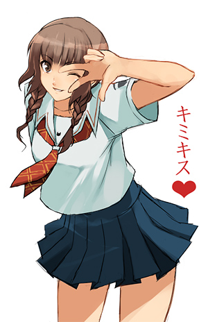 hifumi chiyoko, mizusawa mao, kimi kiss, lowres, 1girl, braid, female focus, hair over shoulder, one eye closed, school uniform, serafuku, solo, twin braids, twintails, wink