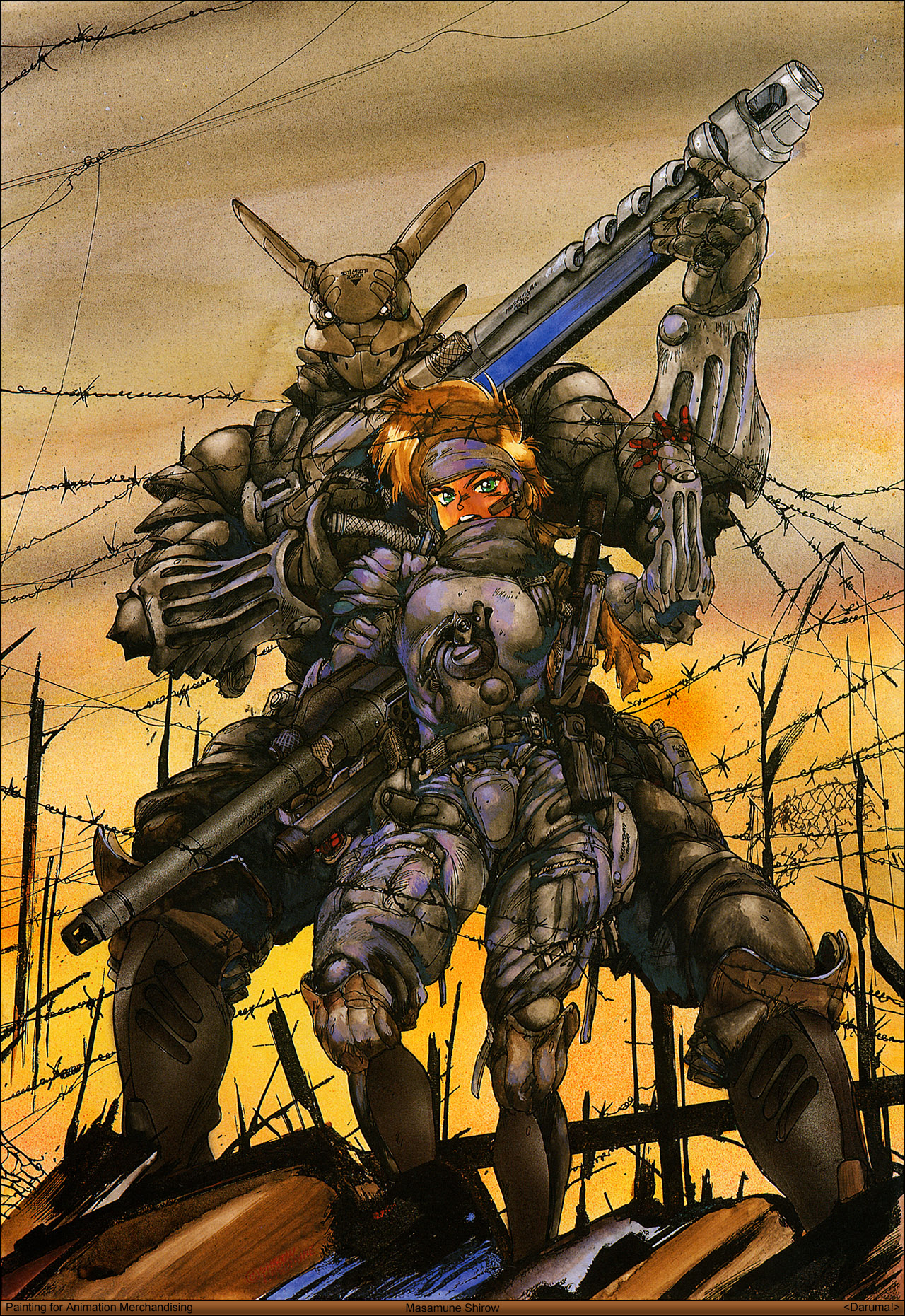 shirou masamune, briareos hecatonchires, deunan knute, appleseed, intron depot, 1980s (style), highres, official art, promotional art, 1boy, 1girl, armor, barbed wire, cannon, couple, cyberpunk, cyborg, headset, hetero, retro artstyle, robot ears, science fiction