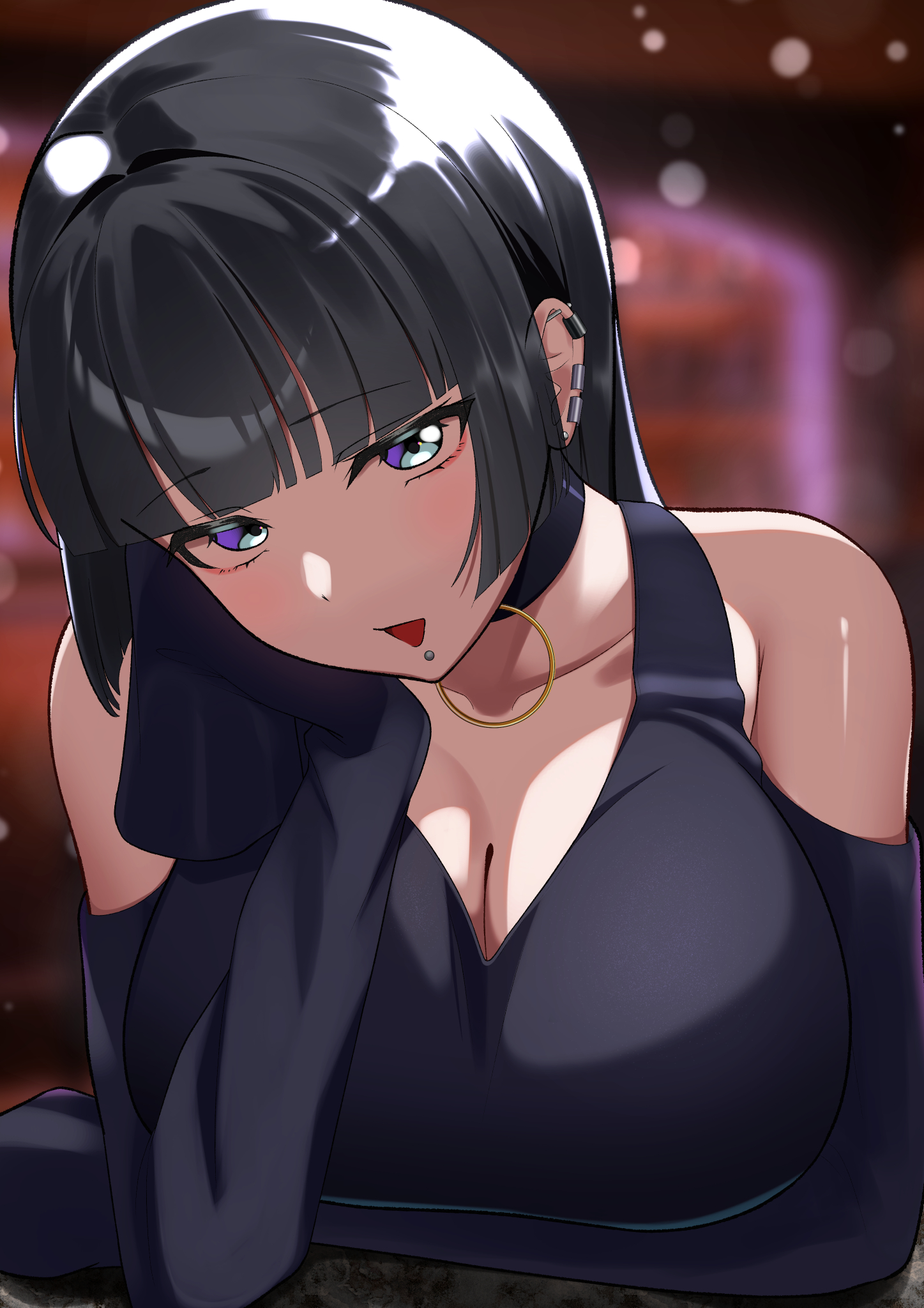 bigthirteen0301, pa-san, bocchi the rock!, highres, 1girl, aqua eyes, bar (place), barbell piercing, black choker, blunt bangs, blush, breasts, choker, colored inner hair, detached sleeves, dress, ear piercing, elbow rest, face piercing, goth fashion, half-closed eyes, hand on own cheek, hand on own face, hime cut, huge breasts, indoors, industrial piercing, jewelry, large breasts, long hair, long sleeves, makeup, multicolored hair, piercing, sleeves past fingers, sleeves past wrists, smug, solo, strapless, strapless dress, table, two-tone hair, very long hair