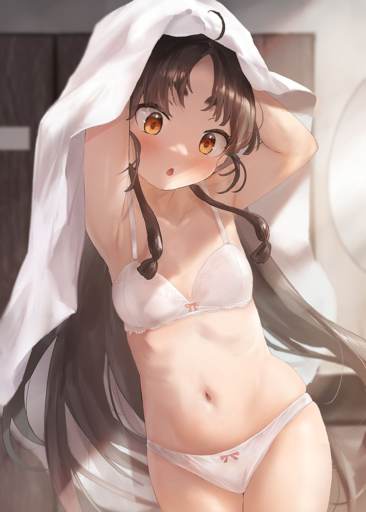 toka (marchlizard), nisshin (kancolle), kantai collection, 1girl, black hair, blush, bra, breasts, brown eyes, cowboy shot, high ponytail, indoors, long hair, looking at viewer, navel, open mouth, panties, ponytail, red ribbon, ribbon, short eyebrows, small breasts, solo, thick eyebrows, underwear, undressing, very long hair, white bra, white panties