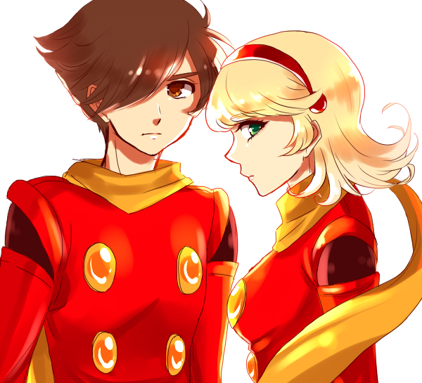 yuu (positive-yu), francoise arnoul, shimamura joe, cyborg 009, 1boy, 1girl, blonde hair, breasts, closed mouth, green eyes, hair over one eye, hairband, long hair, looking at viewer, red hairband, scarf, simple background, white background, yellow scarf