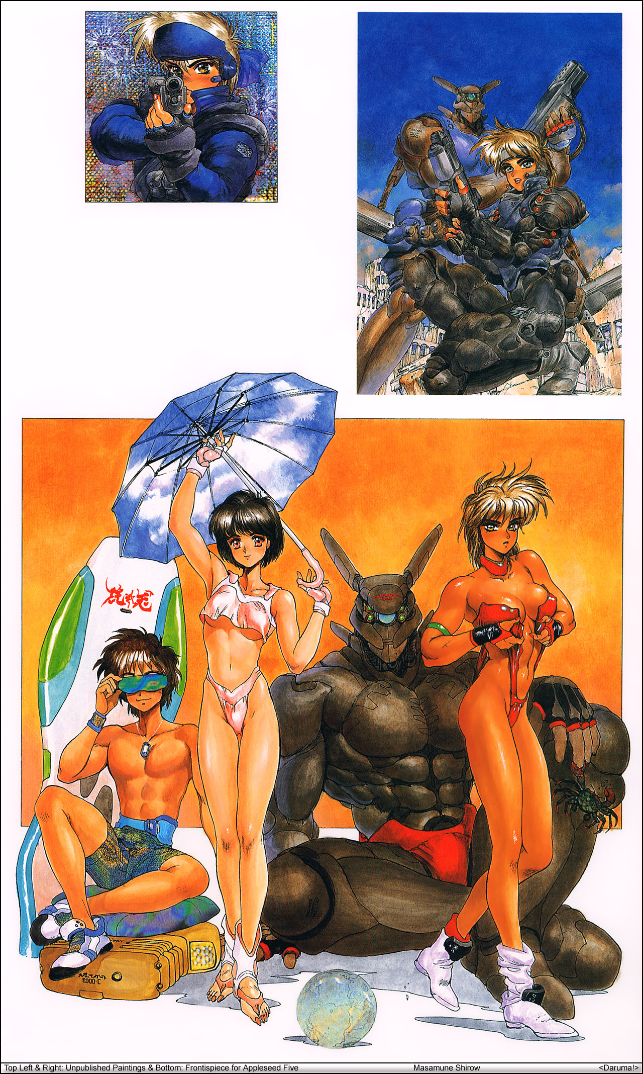 shirou masamune, briareos hecatonchires, deunan knute, hitomi (appleseed), miyamoto yoshitsune, yoshitsune, appleseed, intron depot, toeless footwear, 1980s (style), highres, 1boy, 2girls, bikini, boots, breasts, choker, crab, dark skin, dog tags, fingerless gloves, gloves, gun, large breasts, long toenails, multiple girls, nail polish, oldschool, retro artstyle, rifle, shoes, short hair, sunglasses, surfboard, swimsuit, tan, tankini, toenails, toned, toned female, umbrella, underboob, weapon