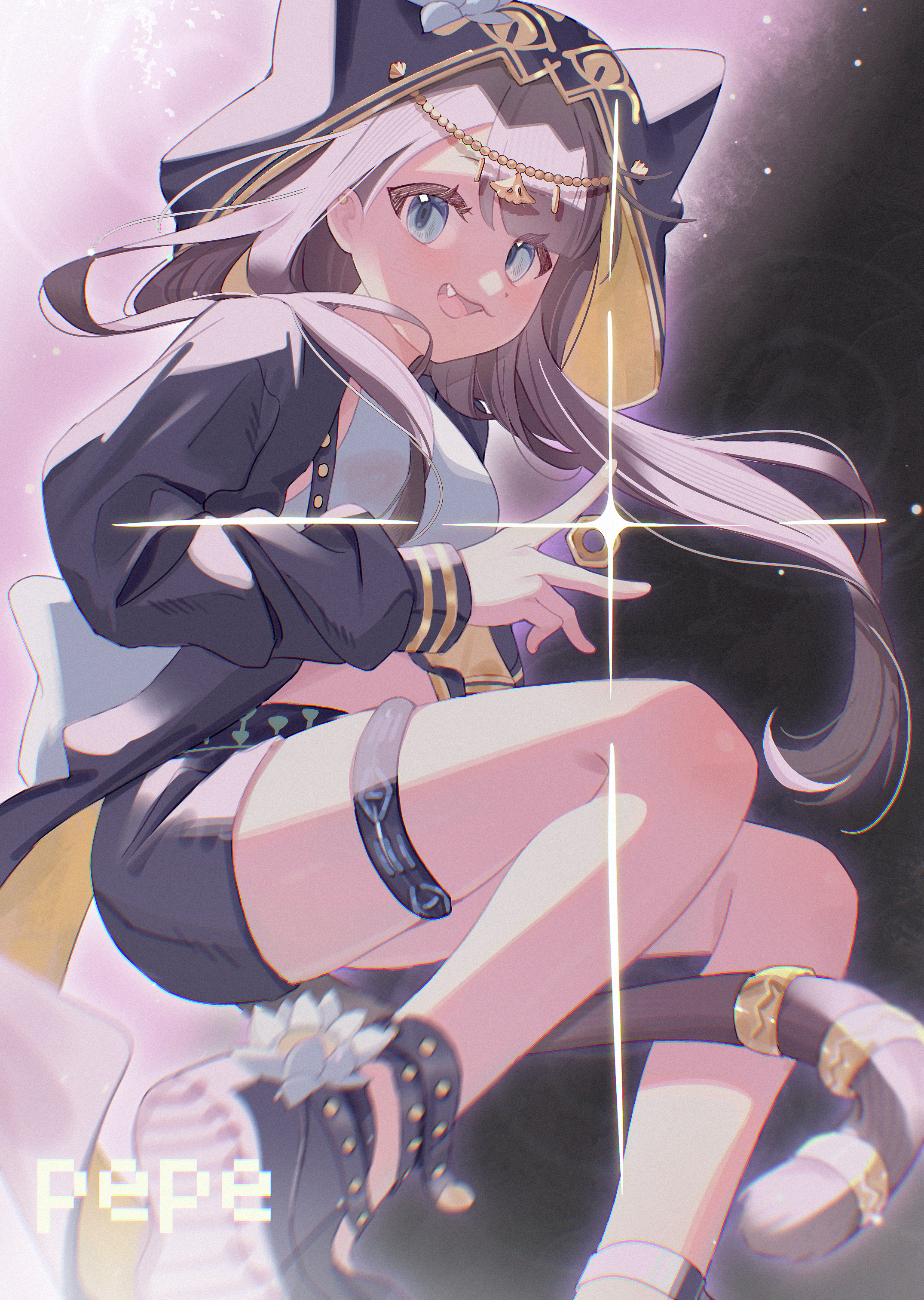 xiao hua (huamask), infection monitor (arknights), pepe (arknights), arknights, absurdres, commentary, highres, symbol-only commentary, 1girl, :d, animal ear hood, black jacket, black shoes, black shorts, blue eyes, breasts, brown hair, brown tail, cat tail, coin, ears under headwear, fake animal ears, fang, flower, head chain, hood, hood up, hooded jacket, jacket, jewelry, long hair, long sleeves, looking at viewer, lotus, open mouth, sandals, shoes, shorts, smile, solo, tail, tail ornament, tail ring, thighlet