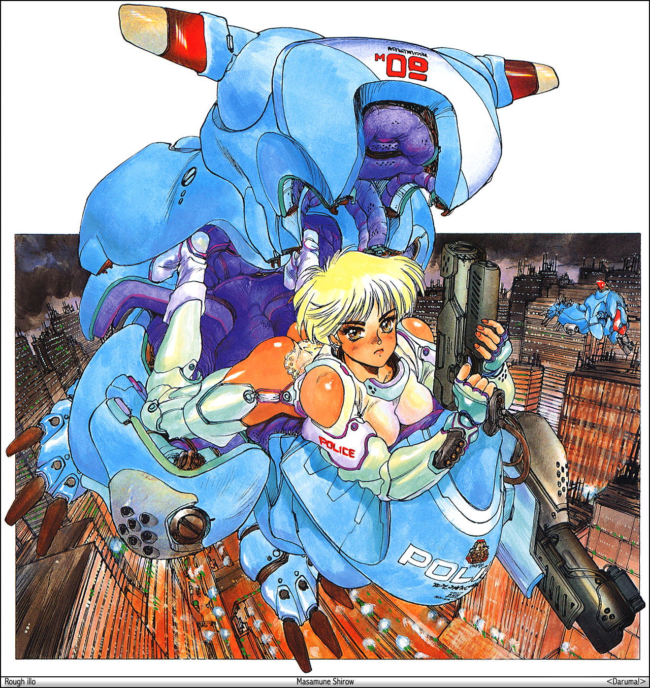 shirou masamune, deunan knute, appleseed, intron depot, 1980s (style), highres, traditional media, 1girl, armor, ass, blonde hair, female focus, mecha, oldschool, power armor, retro artstyle, robot, solo, weapon, yellow eyes