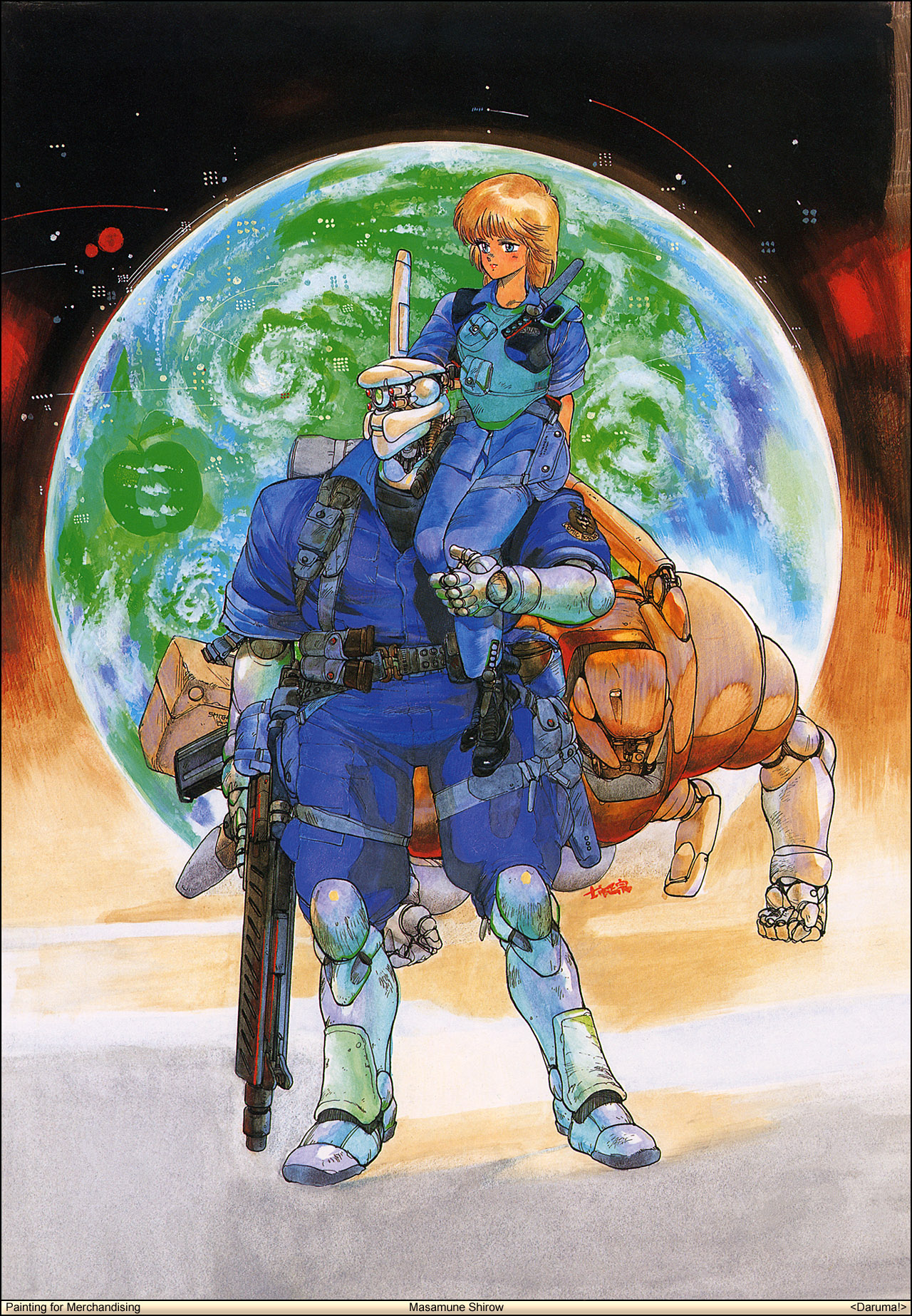 shirou masamune, briareos hecatonchires, deunan knute, appleseed, intron depot, uniform, 1980s (style), highres, official art, promotional art, traditional media, 1boy, 1girl, apple, blonde hair, couple, cyberpunk, cyborg, earth (planet), food, fruit, gun, hetero, landmate, mecha, retro artstyle, rifle, robot, robot ears, science fiction, size difference, weapon