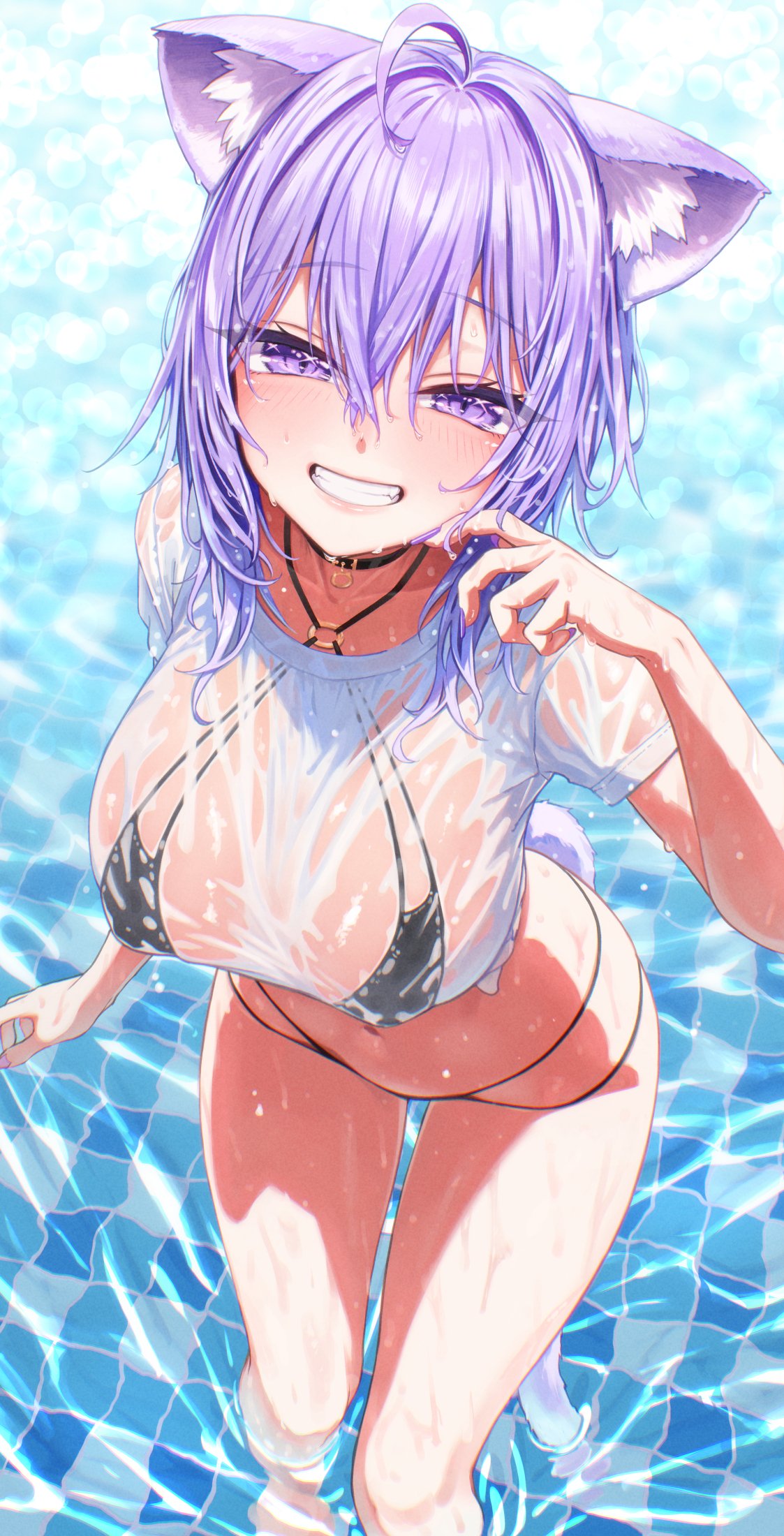 hakui ami, nekomata okayu, hololive, commentary request, highres, 1girl, :d, ahoge, alternate costume, animal collar, animal ear fluff, animal ears, bikini, bikini under clothes, black bikini, black collar, breasts, cat ears, cat girl, cat tail, collar, cropped shirt, crossed bangs, day, double-parted bangs, grin, hair between eyes, hand up, large breasts, looking at viewer, messy hair, multi-strapped bikini bottom, navel, o-ring, o-ring bikini, open mouth, purple eyes, purple hair, see-through clothes, see-through shirt, shirt, short hair, smile, solo, swimsuit, t-shirt, tail, virtual youtuber, wading, wet, wet clothes, wet hair, wet shirt, white shirt