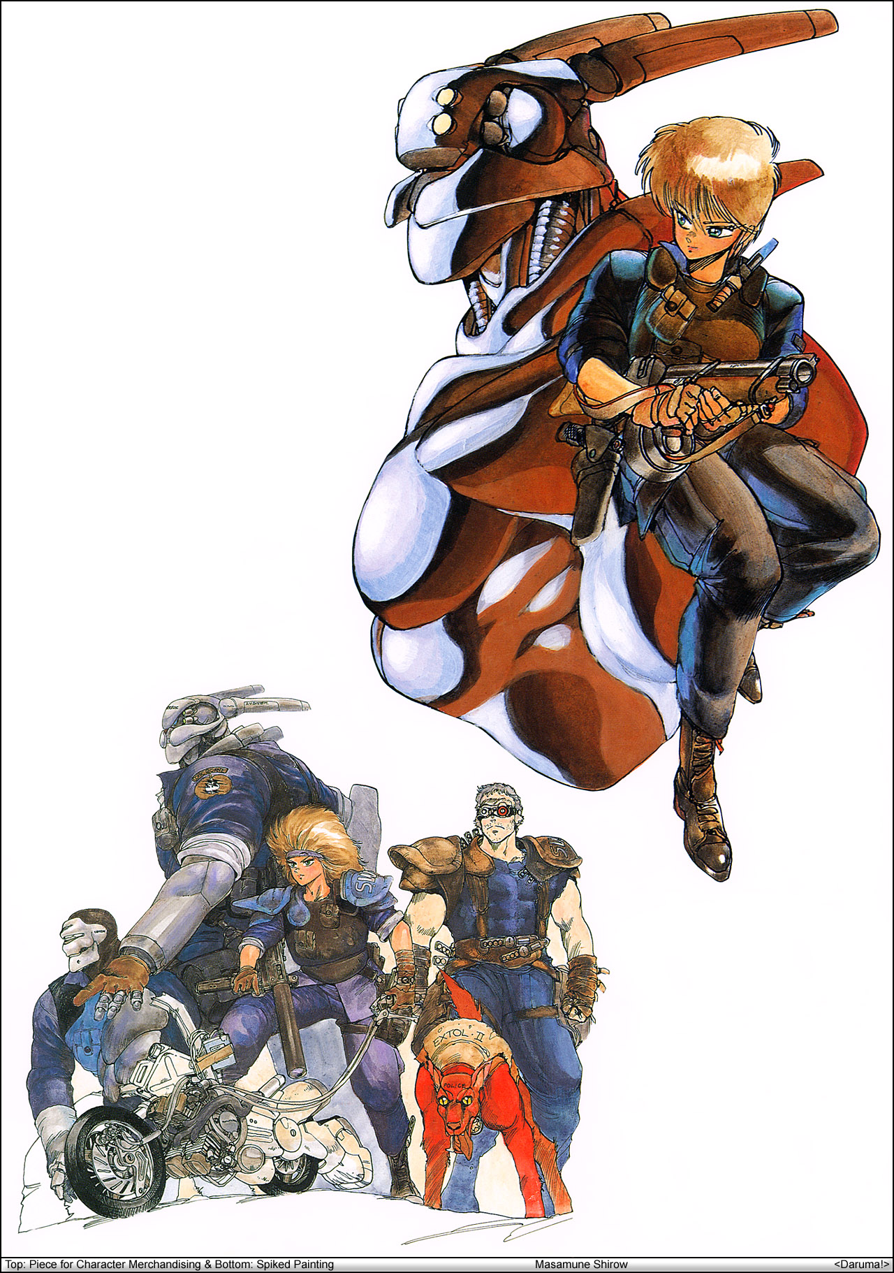 shirou masamune, briareos hecatonchires, deunan knute, appleseed, intron depot, 1980s (style), highres, 1girl, 3boys, gun, multiple boys, oldschool, retro artstyle, robot ears, suppressor, weapon