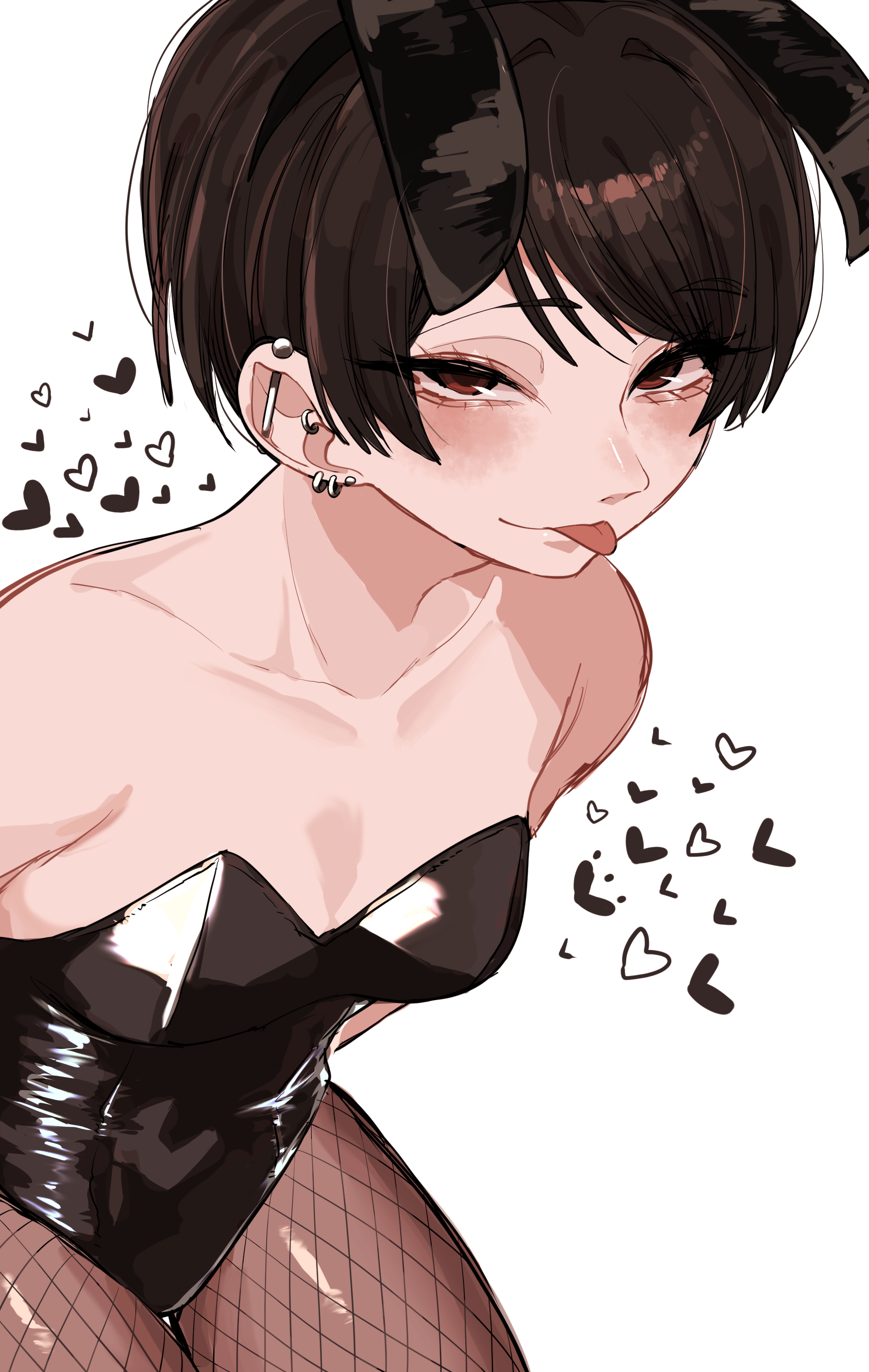 koucha (pankeki koucha), original, absurdres, commentary, highres, 1girl, animal ear hairband, animal ears, black hair, black leotard, black pantyhose, breasts, ear piercing, fake animal ears, fishnet pantyhose, fishnets, hairband, heart, kuromitsu hana (koucha), leaning forward, leotard, looking at viewer, pantyhose, piercing, playboy bunny, rabbit ear hairband, rabbit ears, short hair, simple background, small breasts, solo, strapless, strapless leotard, tongue, tongue out, white background