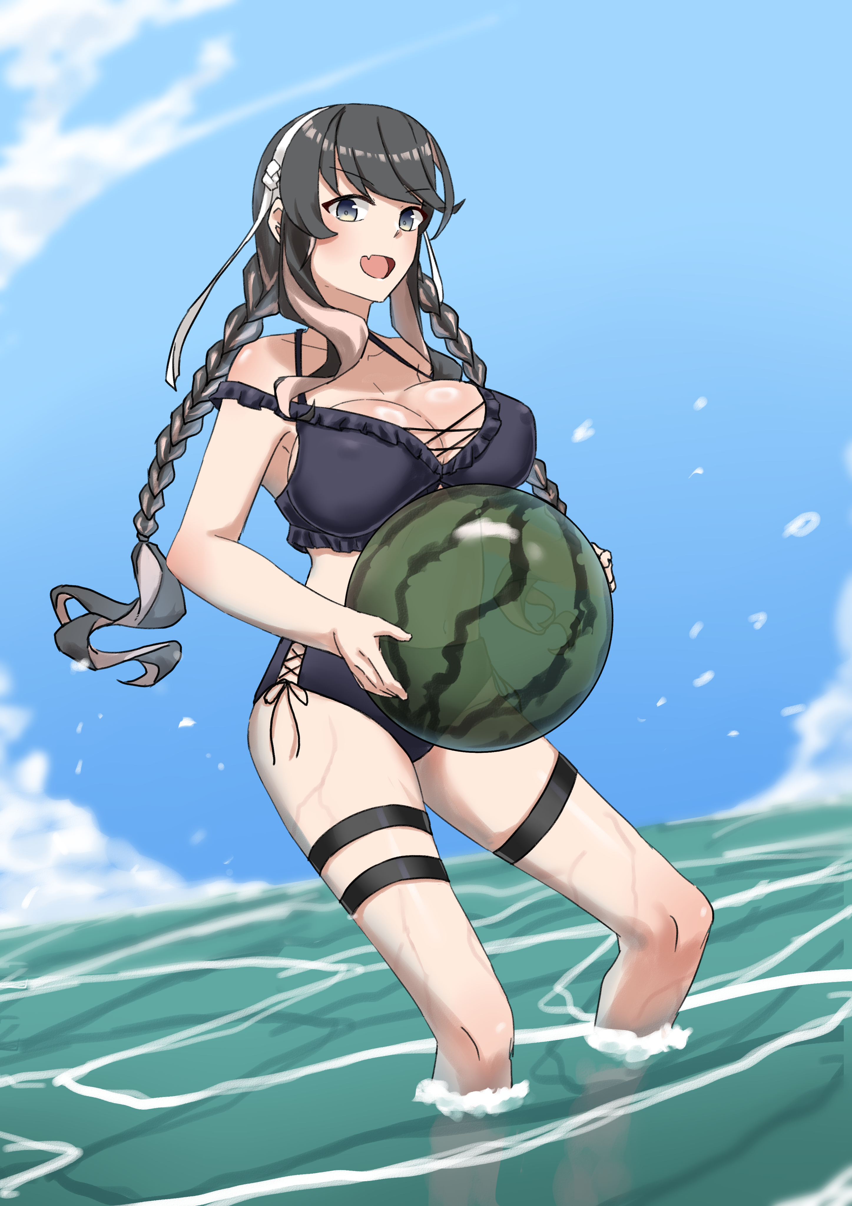garylin, naganami (kancolle), naganami kai ni (kancolle), kantai collection, absurdres, highres, 1girl, bikini, black bikini, black hair, blue sky, braid, breasts, cloud, cloudy sky, criss-cross straps, day, food, frilled bikini, frills, fruit, hairband, holding, holding food, holding fruit, horizon, large breasts, long hair, looking at viewer, low twin braids, multicolored hair, naganami kai ni (swimsuit) (kancolle), ocean, outdoors, pink hair, sky, smile, solo, swimsuit, twin braids, two-tone hair, water, watermelon, wavy hair, white hairband