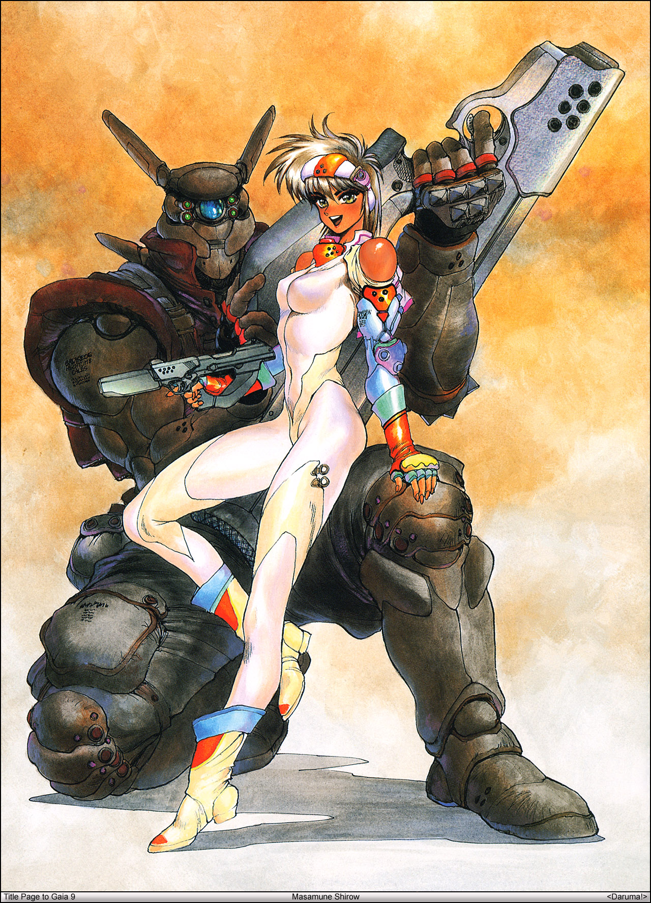 shirou masamune, briareos hecatonchires, deunan knute, appleseed, intron depot, 1980s (style), highres, bare shoulders, bodysuit, boots, brown hair, bullpup, cyborg, fingerless gloves, gloves, green eyes, gun, handgun, impossible bodysuit, impossible clothes, oldschool, pistol, retro artstyle, rifle, robot ears, seburo c-x, seburo compact-exploder, short hair, size difference, skin tight, submachine gun, suppressor, visor lift, weapon, white bodysuit