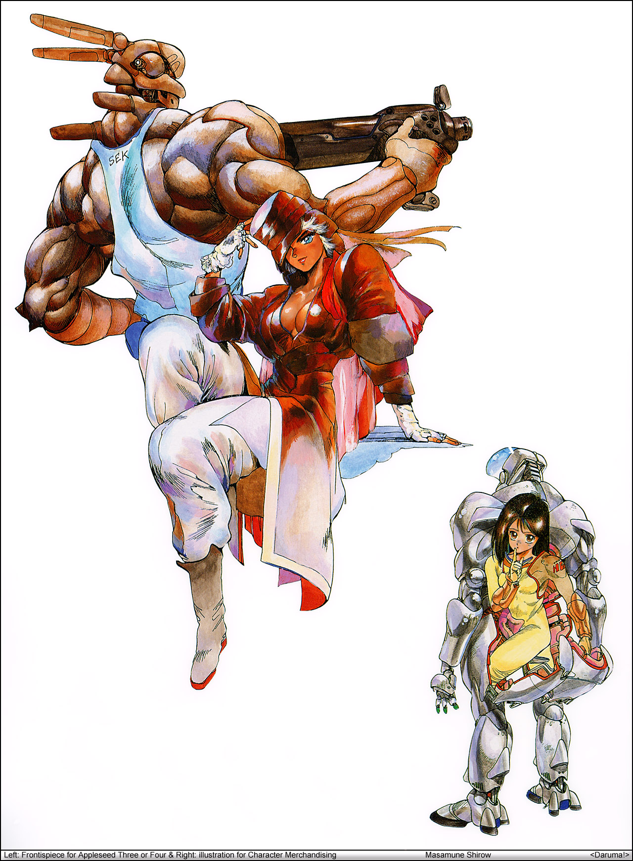 shirou masamune, briareos hecatonchires, deunan knute, hitomi (appleseed), appleseed, intron depot, 1980s (style), highres, english text, landmate, oldschool, retro artstyle, robot ears