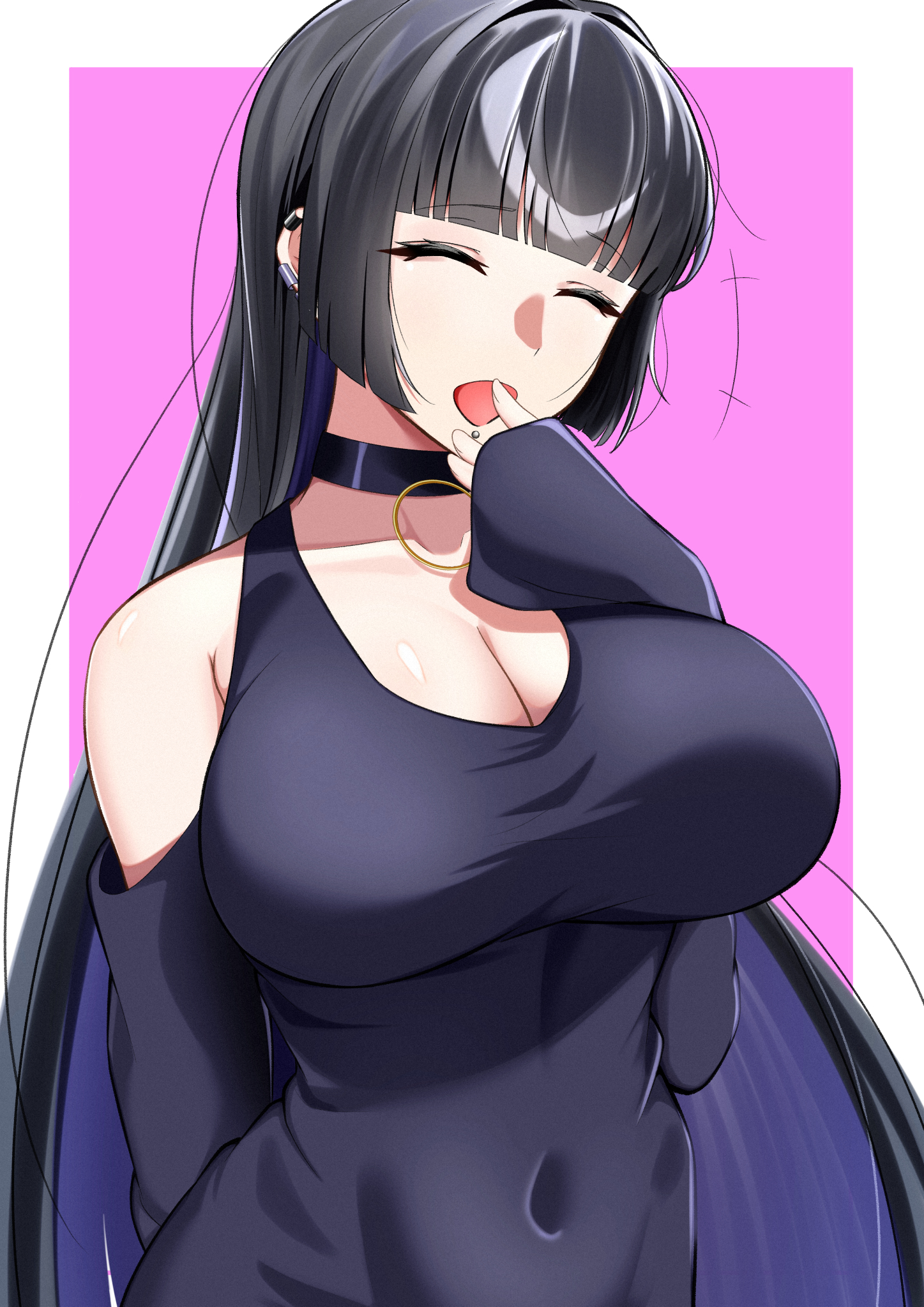 bigthirteen0301, pa-san, bocchi the rock!, highres, 1girl, abs, aqua eyes, arm behind back, barbell piercing, black choker, black dress, black hair, blunt bangs, breasts, choker, closed eyes, colored inner hair, detached sleeves, dress, ear piercing, face piercing, hand on own face, hime cut, huge breasts, industrial piercing, jewelry, large breasts, laughing, lip piercing, long hair, long sleeves, multicolored hair, open mouth, piercing, pink background, purple hair, simple background, sleeves past wrists, solo, two-tone background, two-tone hair, upper body, very long hair, white background, wide sleeves