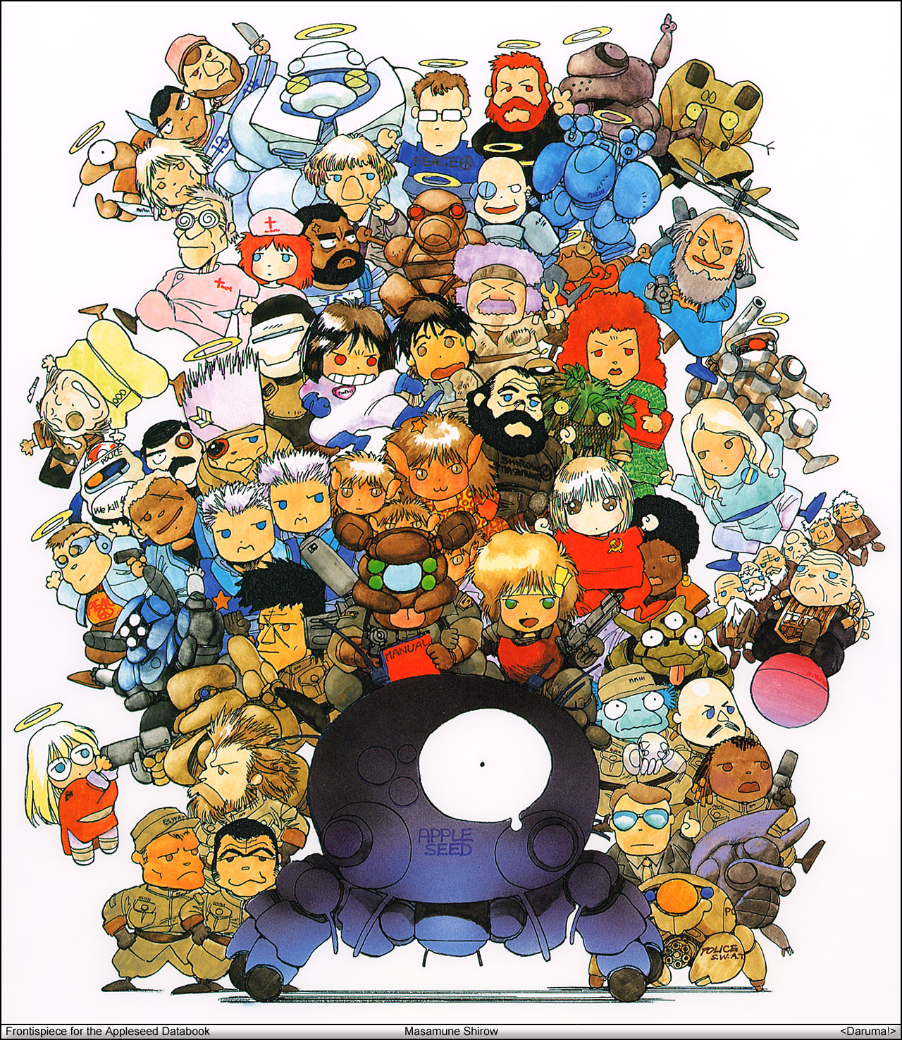 shirou masamune, briareos hecatonchires, deunan knute, hitomi (appleseed), miyamoto yoshitsune, yoshitsune, appleseed, intron depot, 1980s (style), highres, spoilers, 6+boys, 6+girls, everyone, halo, mobile fortress (appleseed), multiple boys, multiple girls, retro artstyle
