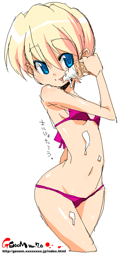 onija tarou, original, 1girl, bikini, blonde hair, blue eyes, female focus, food, ice cream, oekaki, short hair, solo, swimsuit, wide hips
