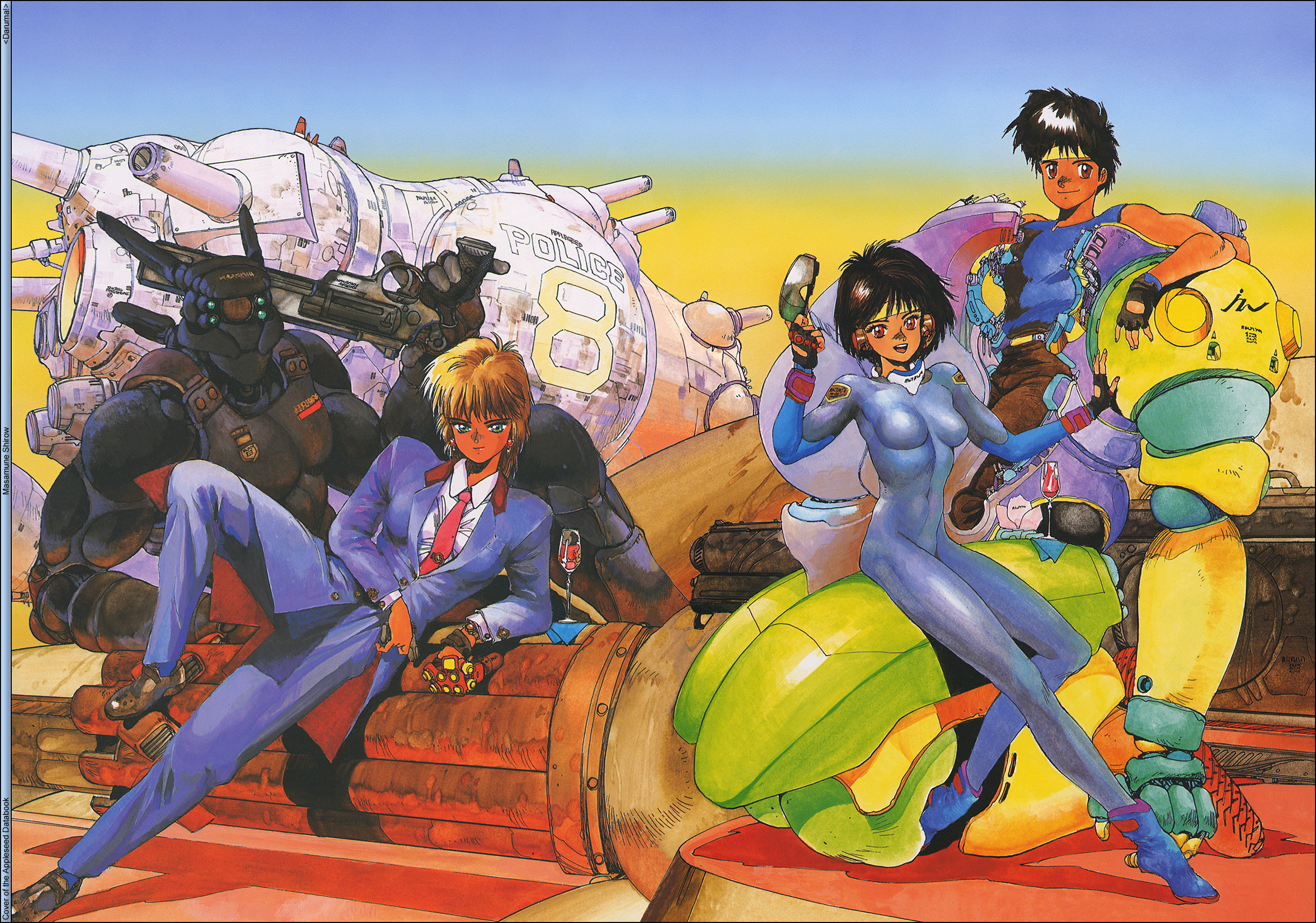 shirou masamune, briareos hecatonchires, deunan knute, hitomi (appleseed), miyamoto yoshitsune, yoshitsune, appleseed, intron depot, 1980s (style), highres, landmate, mobile fortress (appleseed), retro artstyle